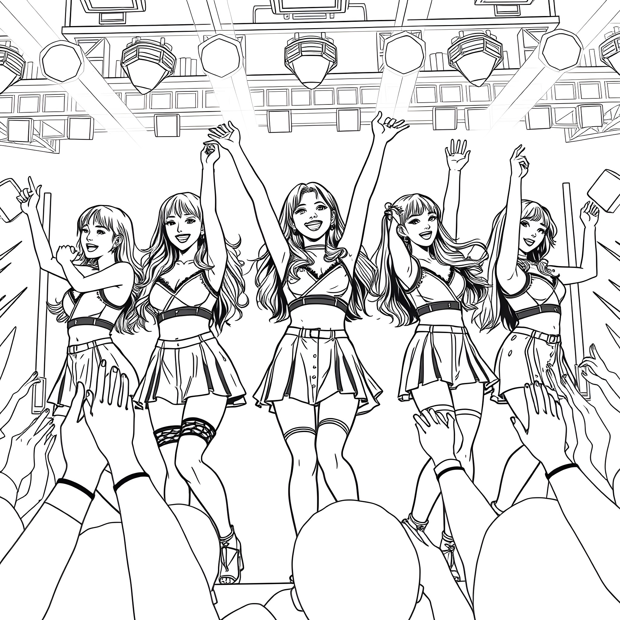 Kpop Girl Group Performing on Stage Coloring Page (free black-and-white line drawing printable PDF for all, from beginners to advanced learners, including children, teens, adults, and seniors)