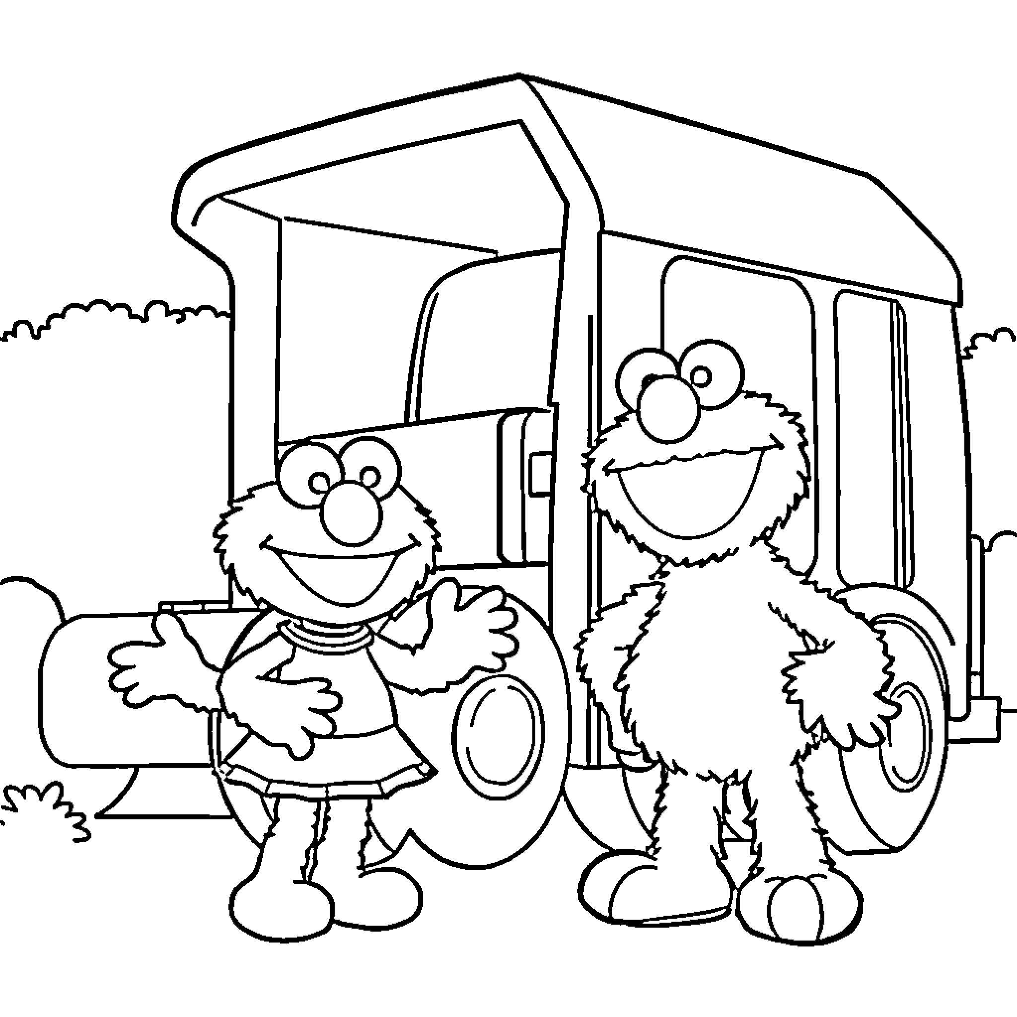 Elmo and Friends Explore the Countryside in a Camper Coloring Page (free black-and-white line drawing printable PDF for all, from beginners to advanced learners, including children, teens, adults, and seniors)