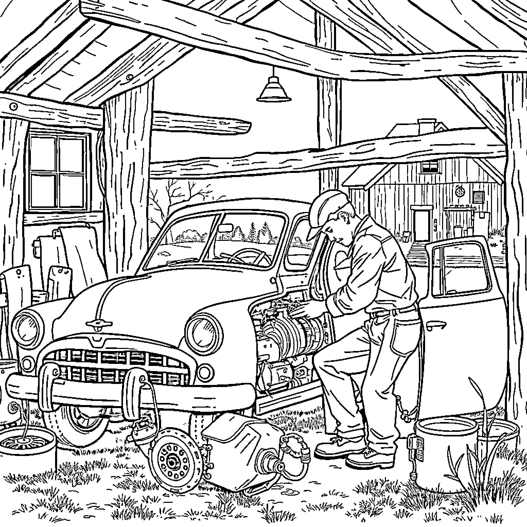 Electrician Inspecting Vintage Car in Rustic Garage Coloring Page (free black-and-white line drawing printable PDF for all, from beginners to advanced learners, including children, teens, adults, and seniors)