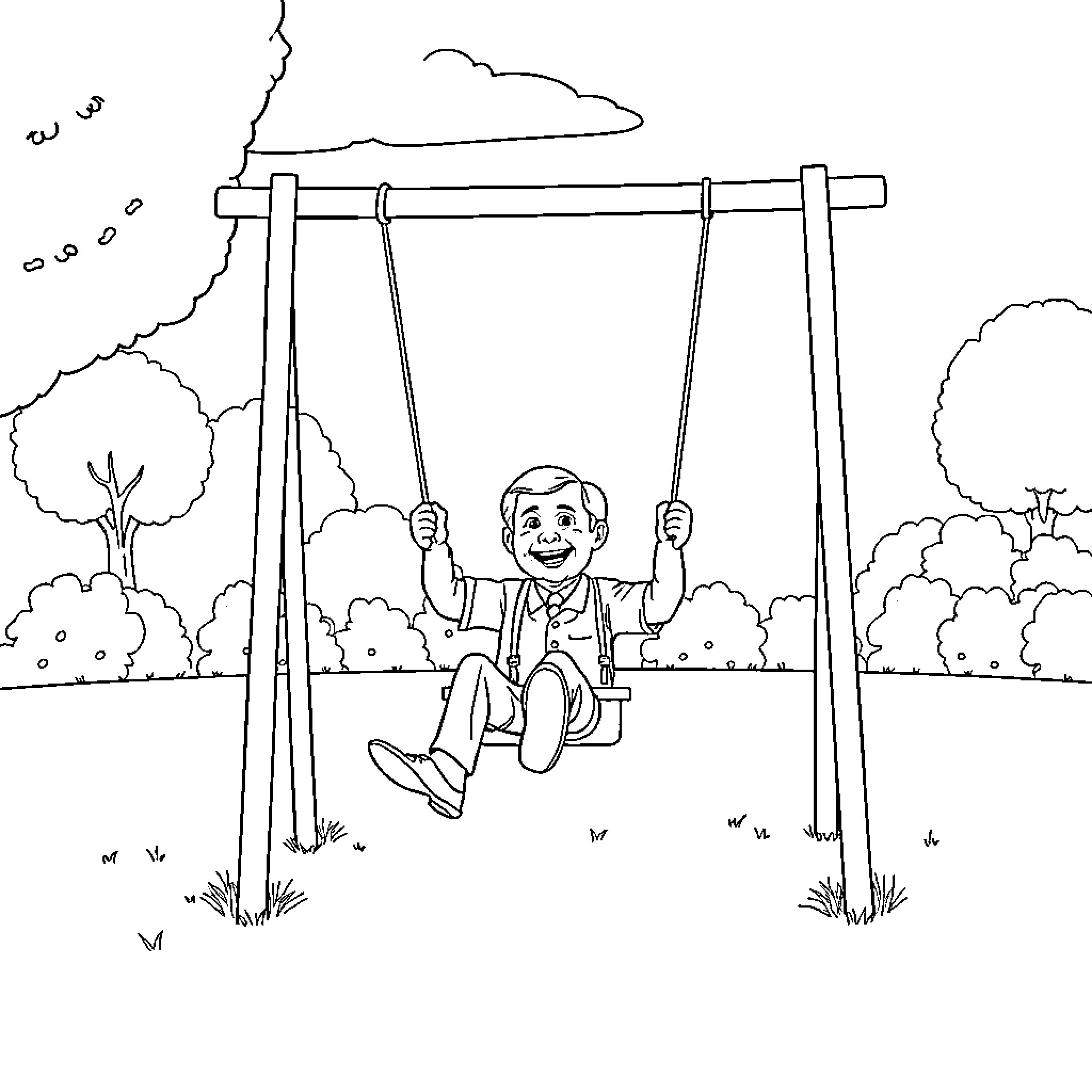 George Bush playing on a swing in nature Coloring Page (free black-and-white line drawing printable PDF for all, from beginners to advanced learners, including children, teens, adults, and seniors)