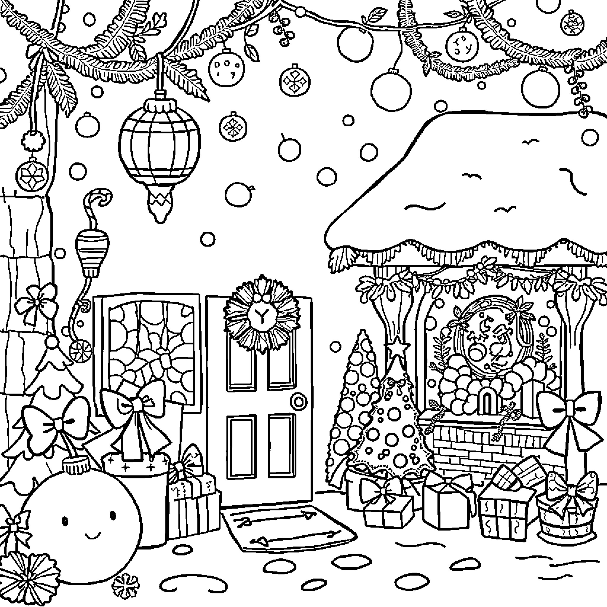 Christmas festive scene with decorations and gifts Coloring Page (free black-and-white line drawing printable PDF for all, from beginners to advanced learners, including children, teens, adults, and seniors)