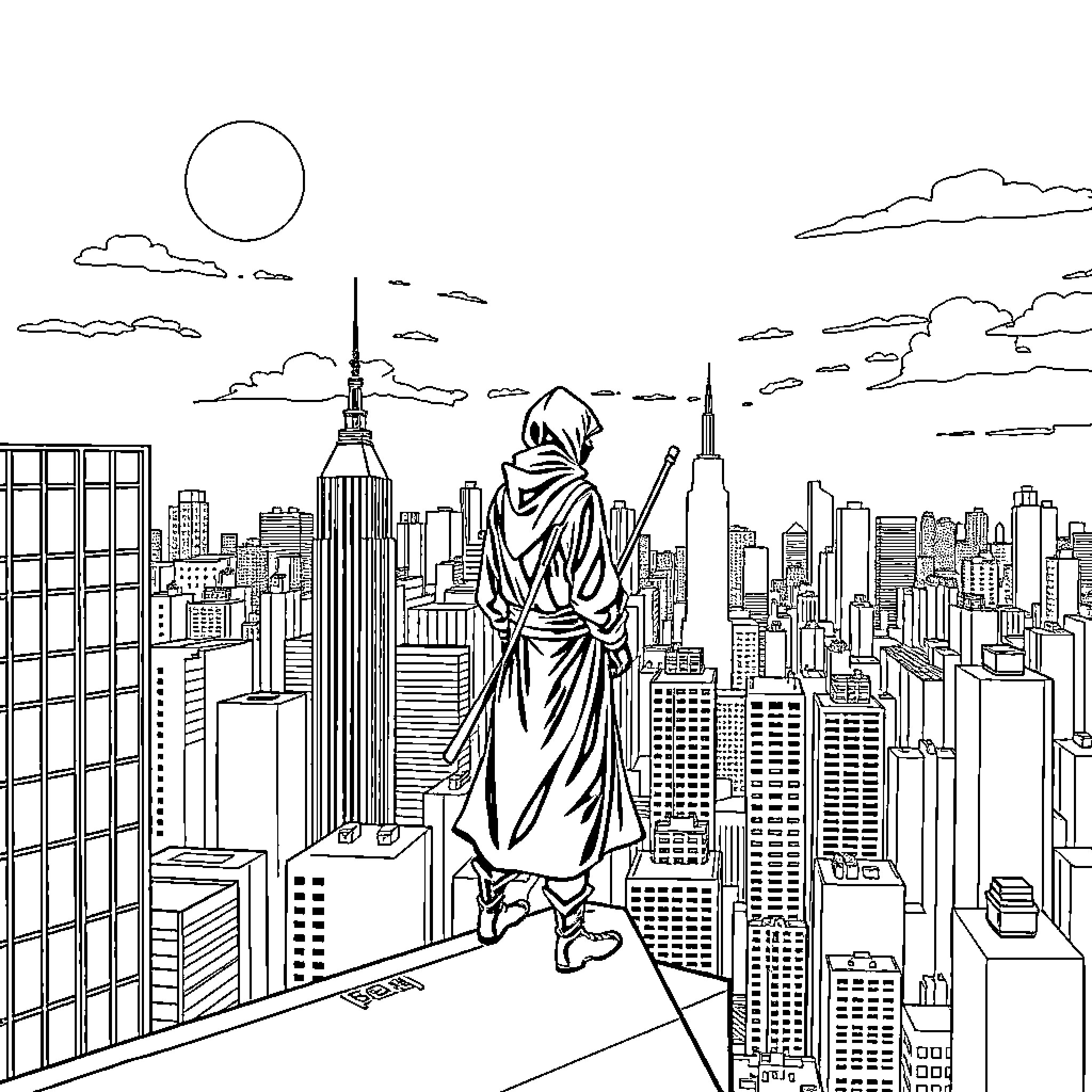 Ninja overlooking the bustling cityscape Coloring Page (free black-and-white line drawing printable PDF for all, from beginners to advanced learners, including children, teens, adults, and seniors)