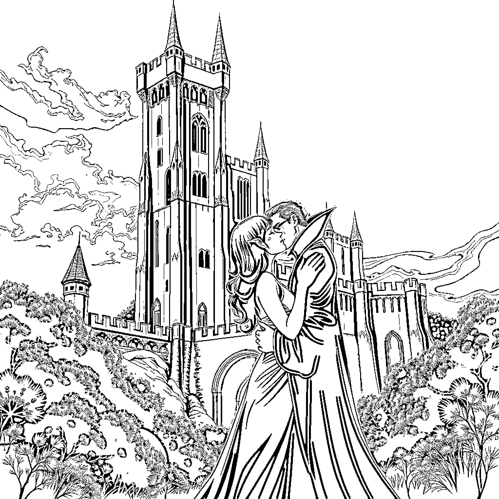 Vampire Couple's Romantic Embrace at Castle Coloring Page (free black-and-white line drawing printable PDF for all, from beginners to advanced learners, including children, teens, adults, and seniors)