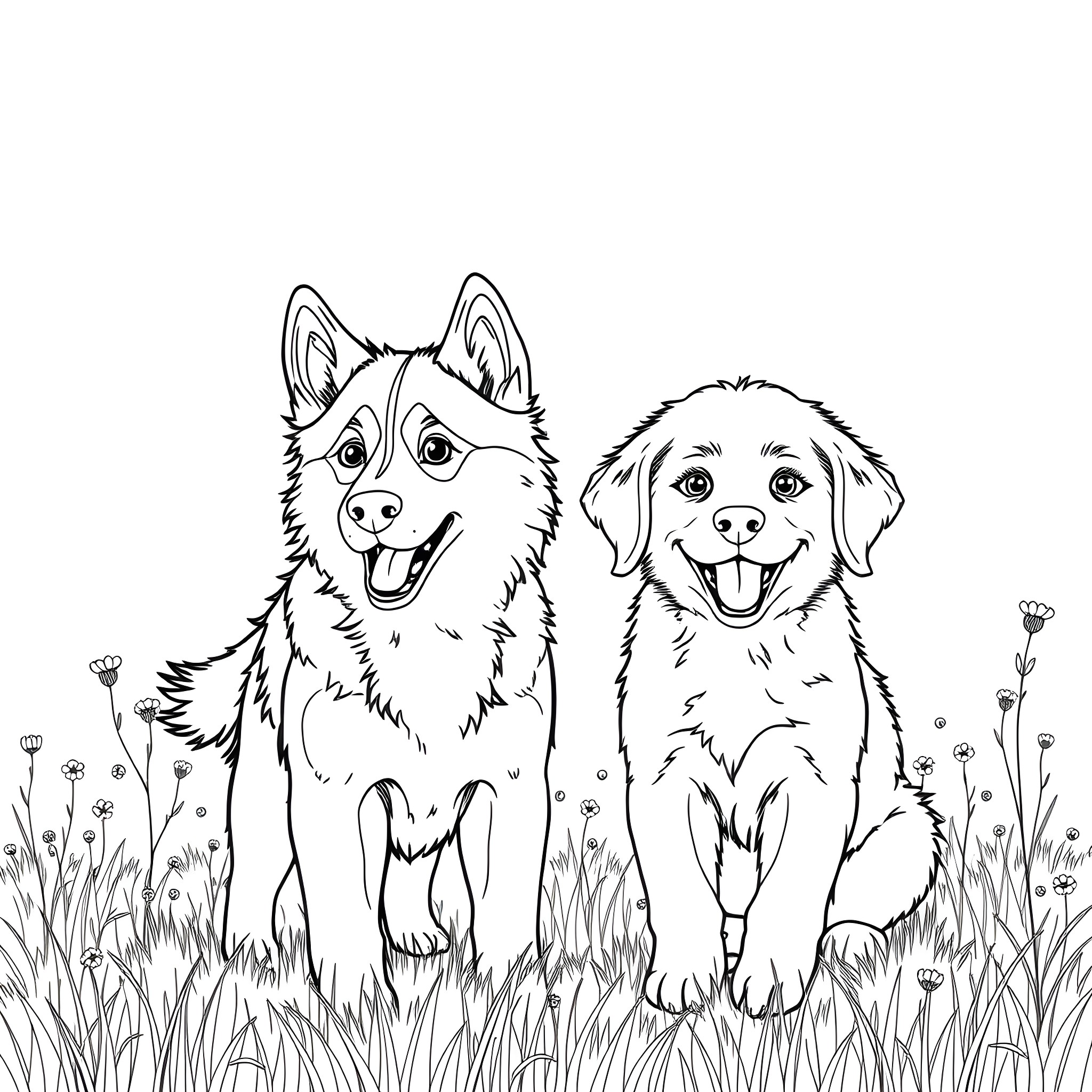 Dogs playing in the grassy field Coloring Page (free black-and-white line drawing printable PDF for all, from beginners to advanced learners, including children, teens, adults, and seniors)