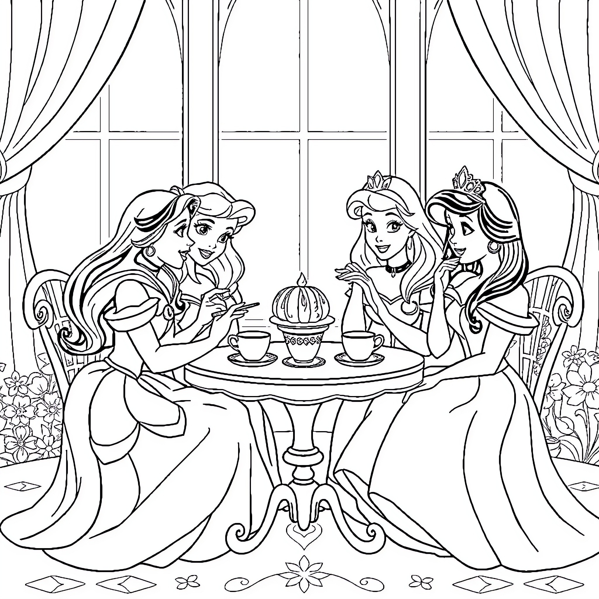 Princess Tea Party with Friends Coloring Page (free black-and-white line drawing printable PDF for all, from beginners to advanced learners, including children, teens, adults, and seniors)