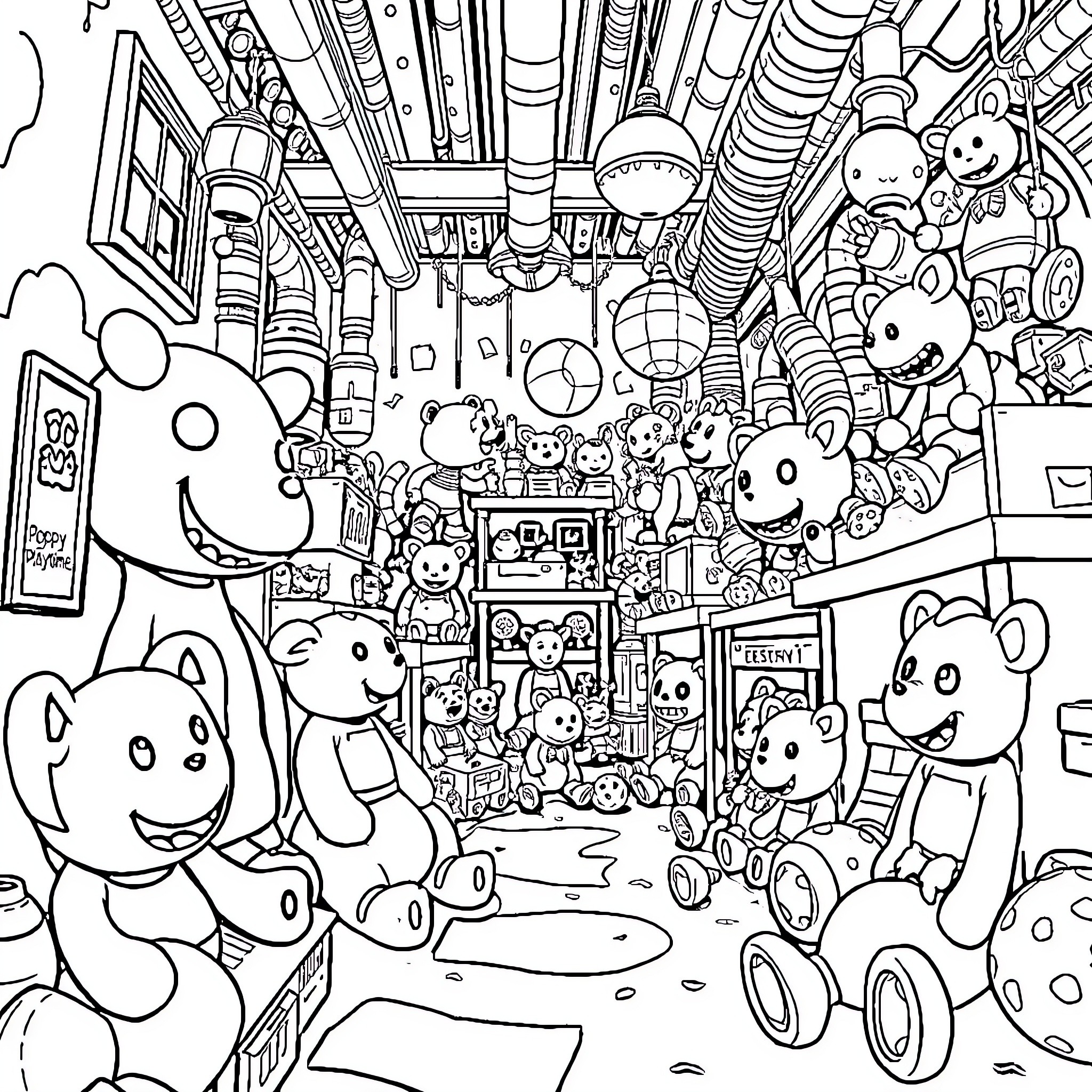 Poppy's Whimsical Toy Shop Adventure Coloring Page (free black-and-white line drawing printable PDF for all, from beginners to advanced learners, including children, teens, adults, and seniors)