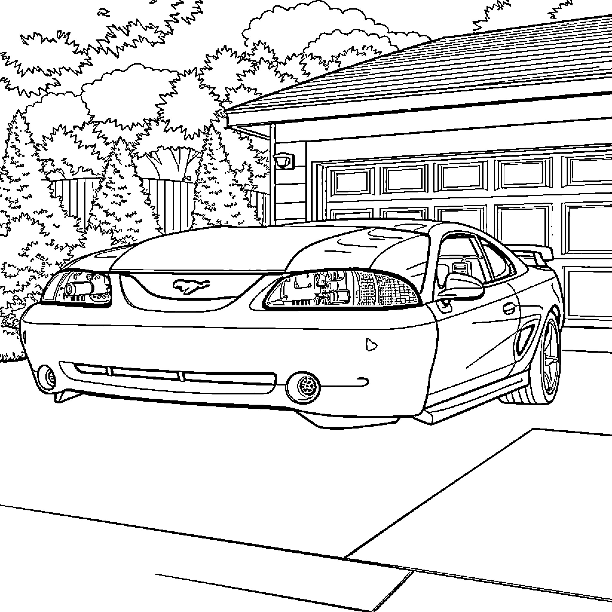 Mustang in front of garage on driveway Coloring Page (free black-and-white line drawing printable PDF for all, from beginners to advanced learners, including children, teens, adults, and seniors)