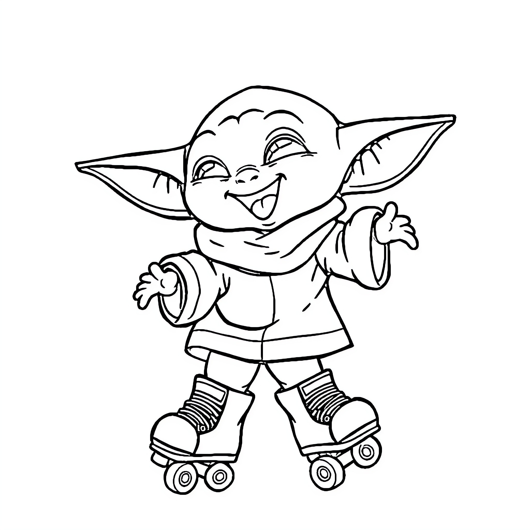 Baby Yoda rollerskating joyfully Coloring Page (free black-and-white line drawing printable PDF for all, from beginners to advanced learners, including children, teens, adults, and seniors)