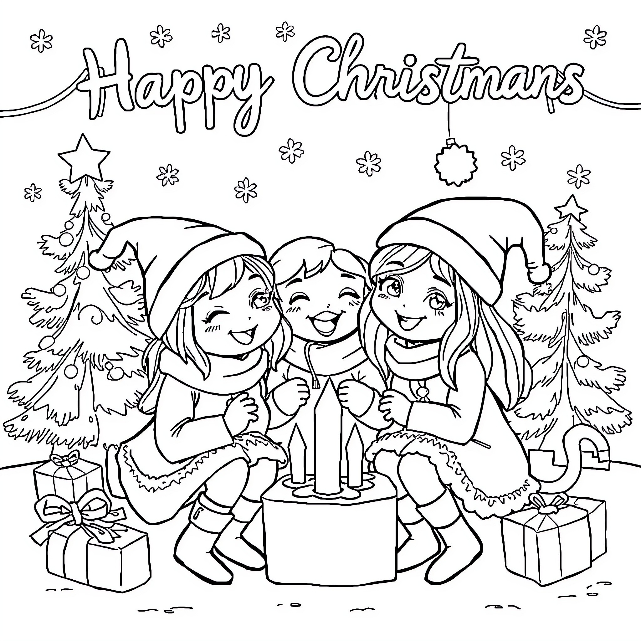 Gabbychat's happy Christmas celebration Coloring Page (free black-and-white line drawing printable PDF for all, from beginners to advanced learners, including children, teens, adults, and seniors)