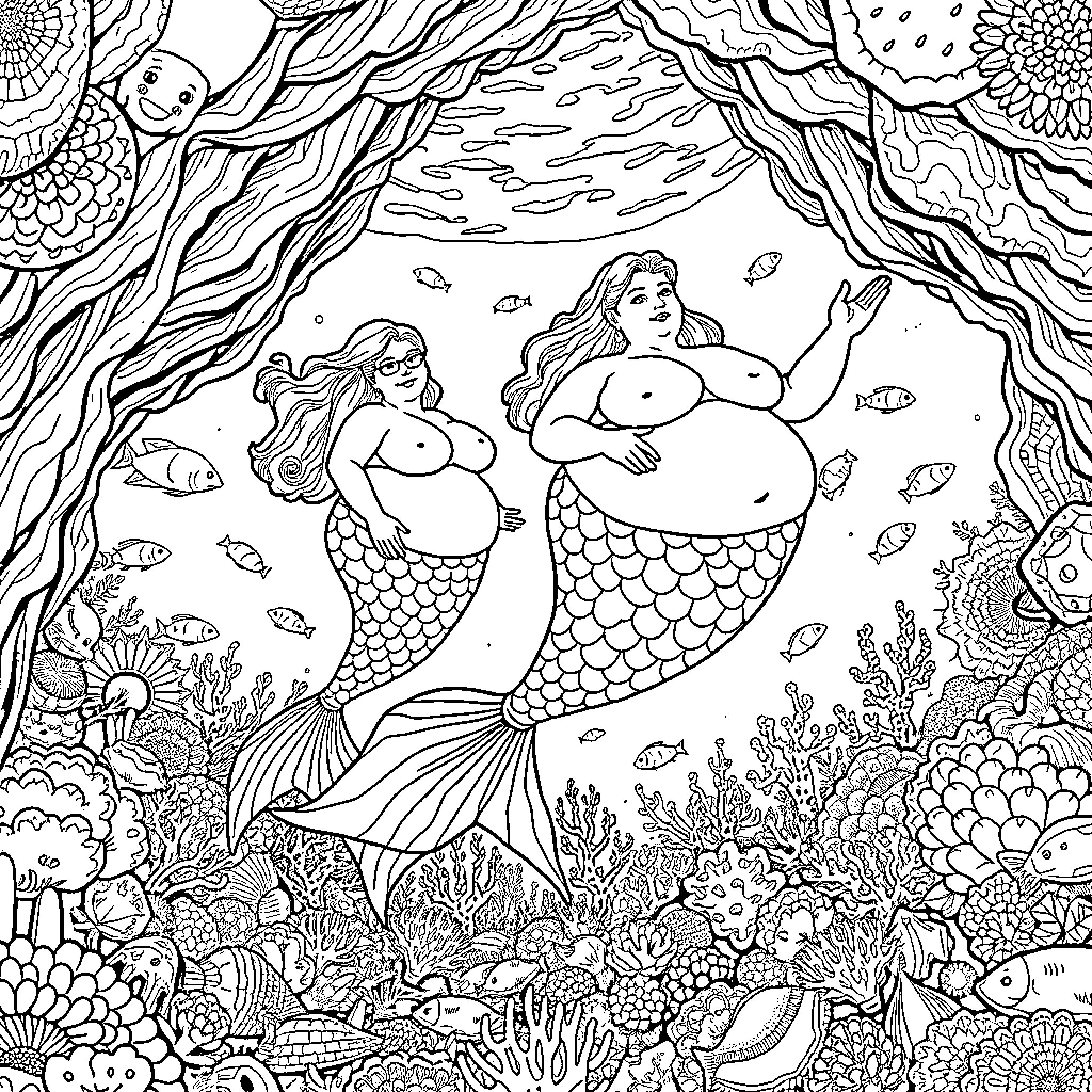Mermaid friends enjoying the underwater seascape Coloring Page (free black-and-white line drawing printable PDF for all, from beginners to advanced learners, including children, teens, adults, and seniors)