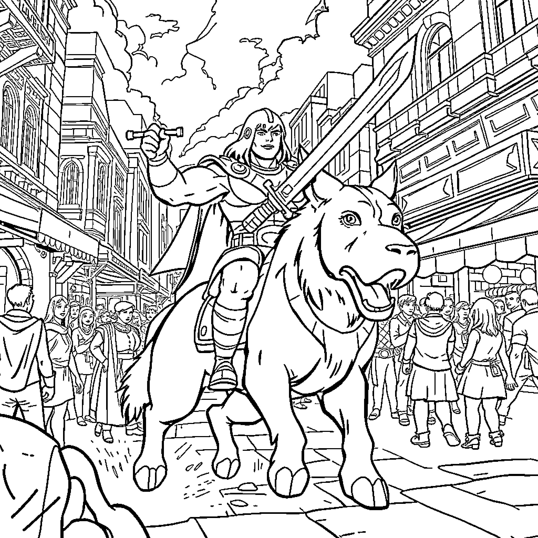 He-Man riding a powerful beast through the city streets Coloring Page (free black-and-white line drawing printable PDF for all, from beginners to advanced learners, including children, teens, adults, and seniors)