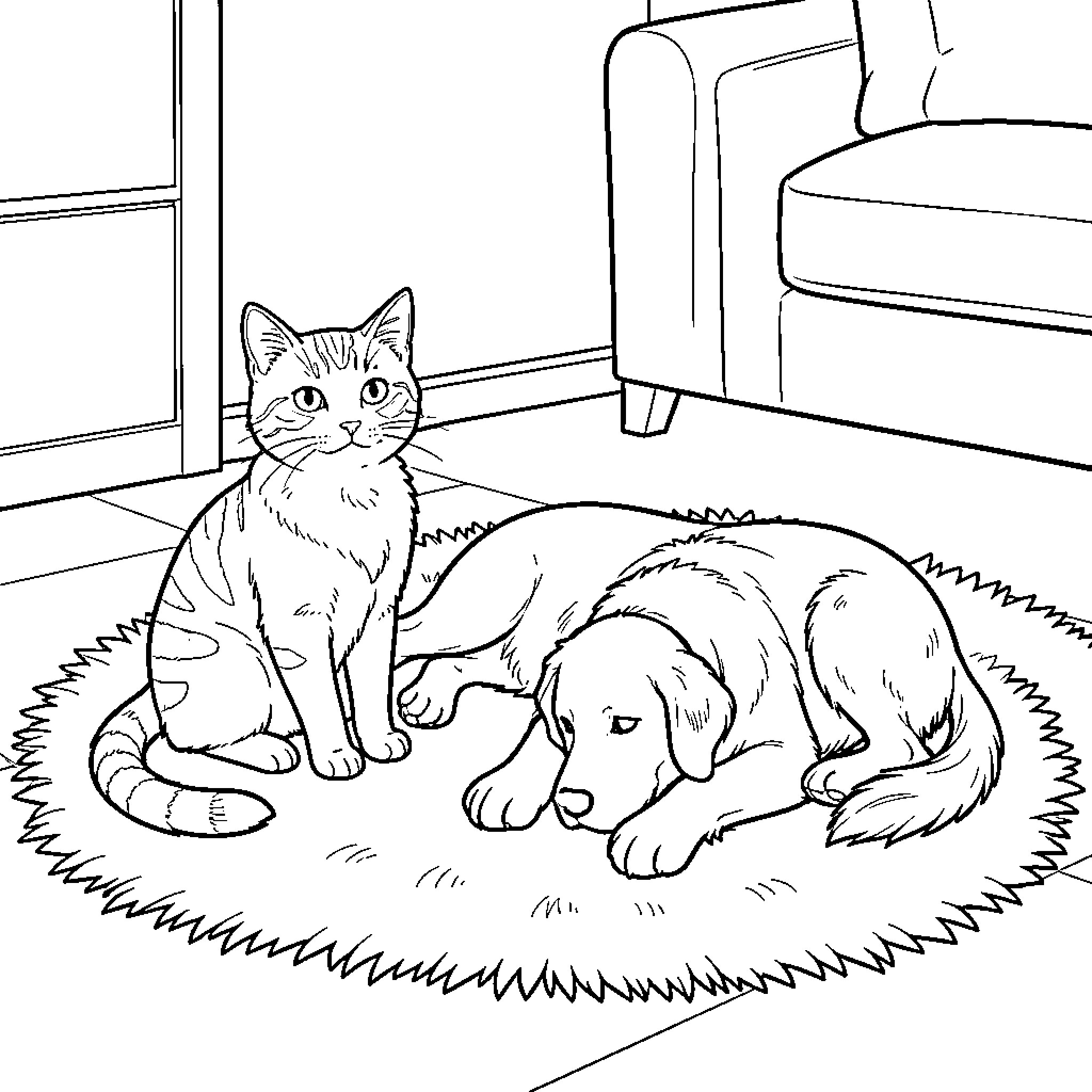 Cat and Dog resting together on a rug Coloring Page (free black-and-white line drawing printable PDF for all, from beginners to advanced learners, including children, teens, adults, and seniors)