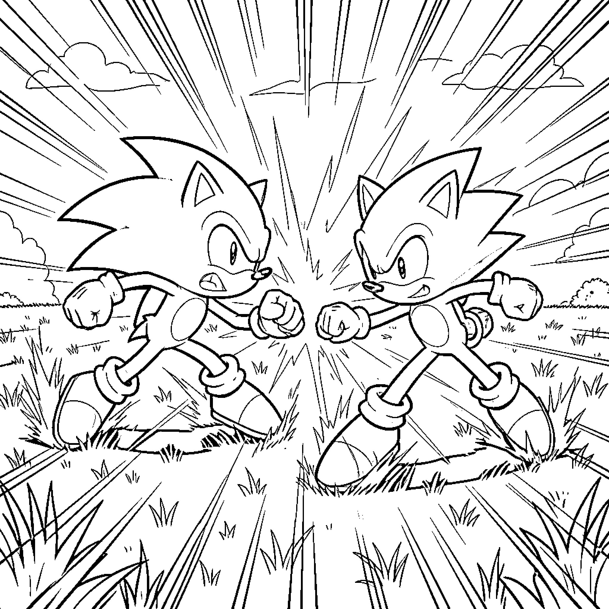 Sonic characters in an intense action scene Coloring Page (free black-and-white line drawing printable PDF for all, from beginners to advanced learners, including children, teens, adults, and seniors)
