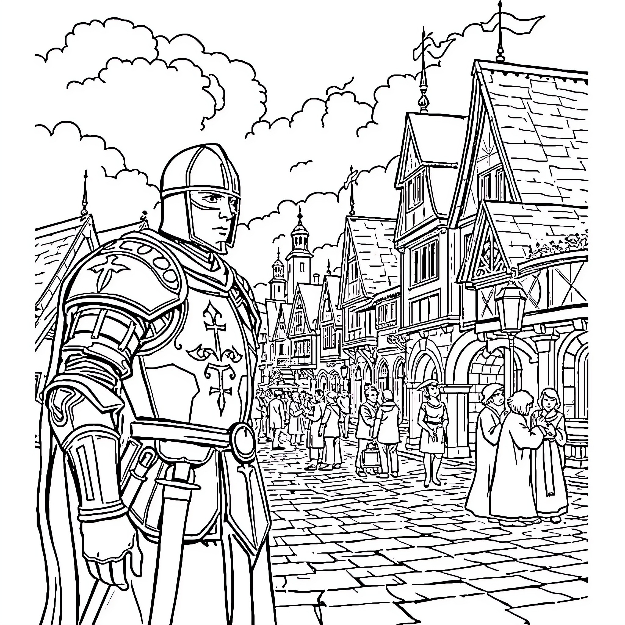 Man in Armored Uniform Stands Guard in Medieval Town Coloring Page (free black-and-white line drawing printable PDF for all, from beginners to advanced learners, including children, teens, adults, and seniors)