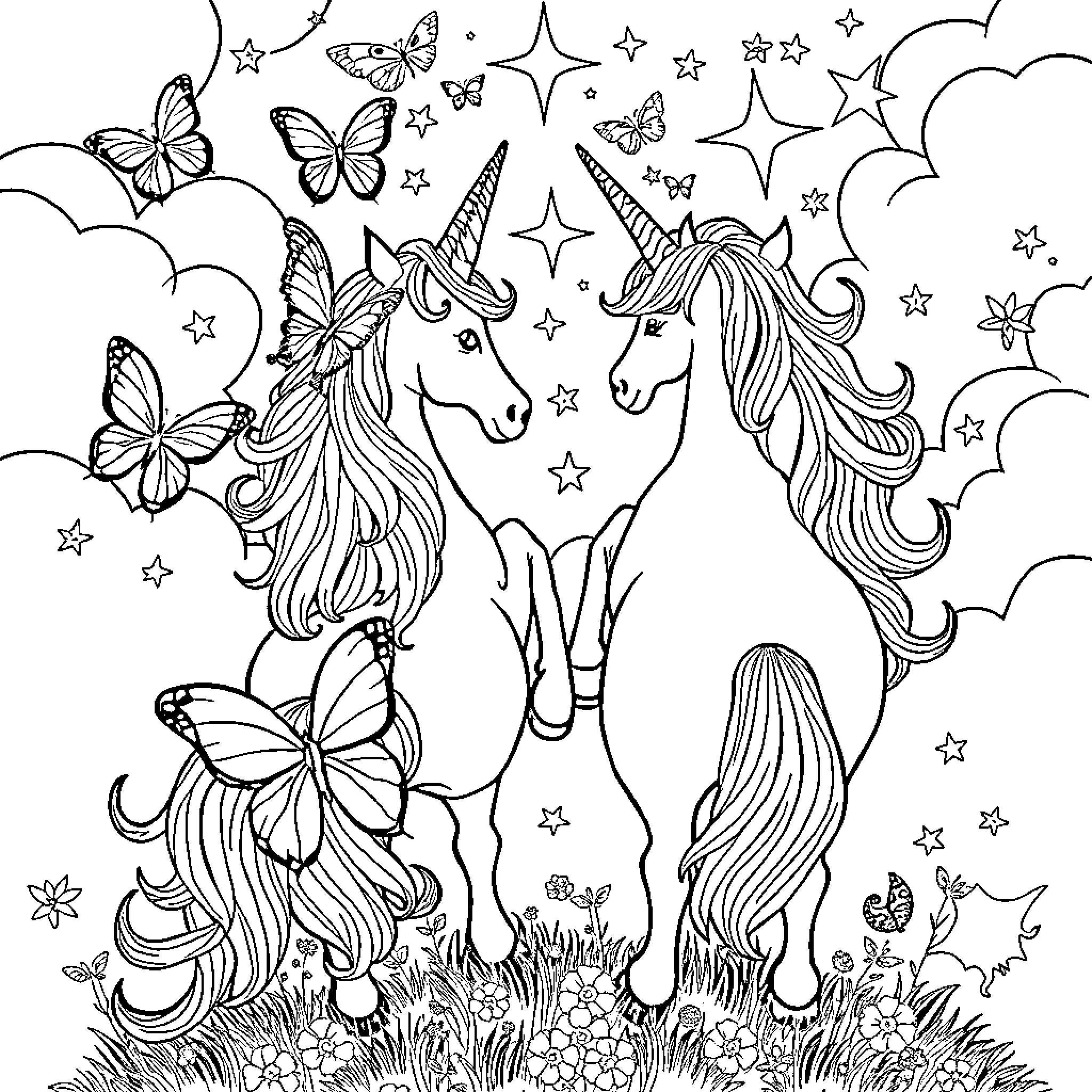 Butterfly Unicorns in Magical Meadow Coloring Page (free black-and-white line drawing printable PDF for all, from beginners to advanced learners, including children, teens, adults, and seniors)