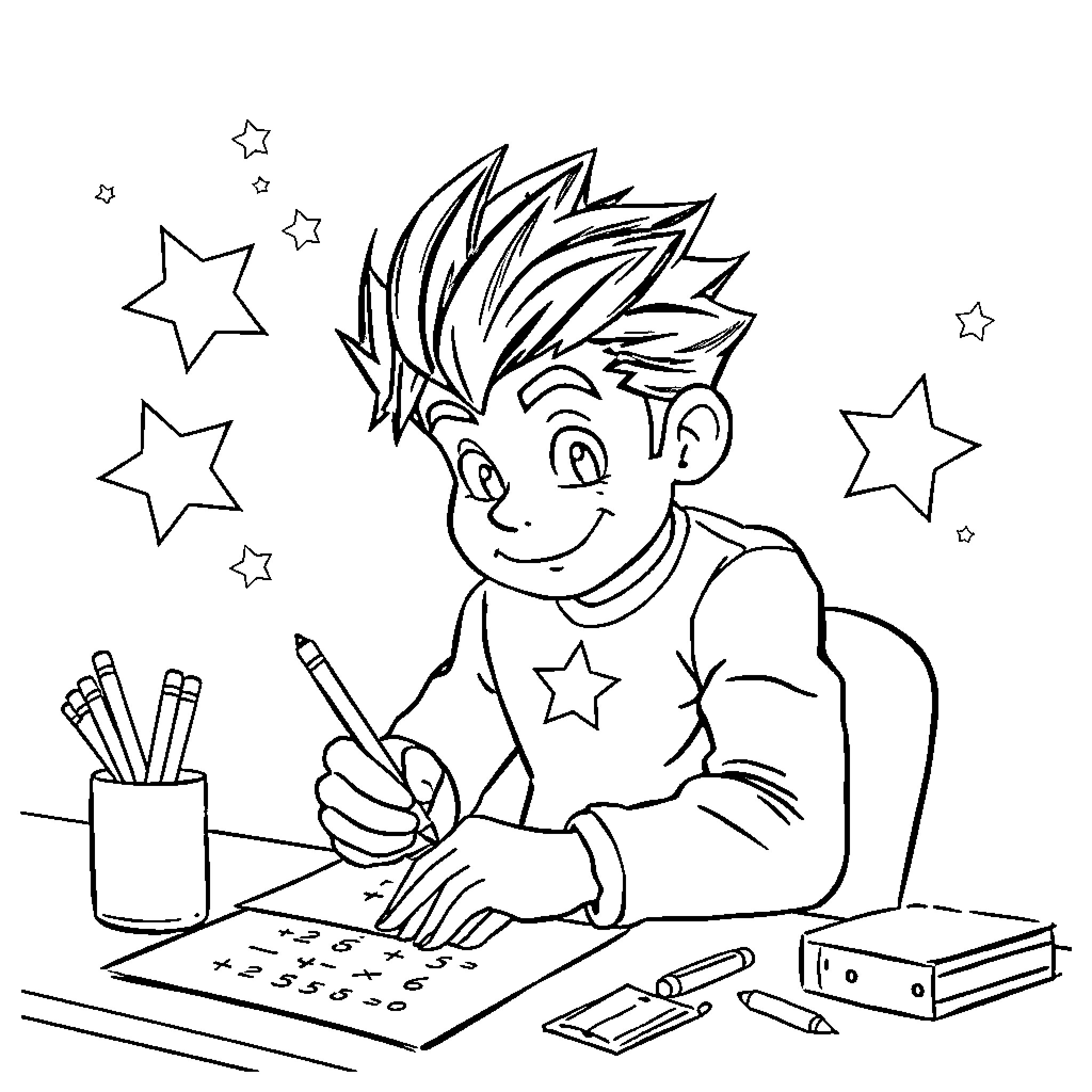 Superstar student working diligently at desk Coloring Page (free black-and-white line drawing printable PDF for all, from beginners to advanced learners, including children, teens, adults, and seniors)