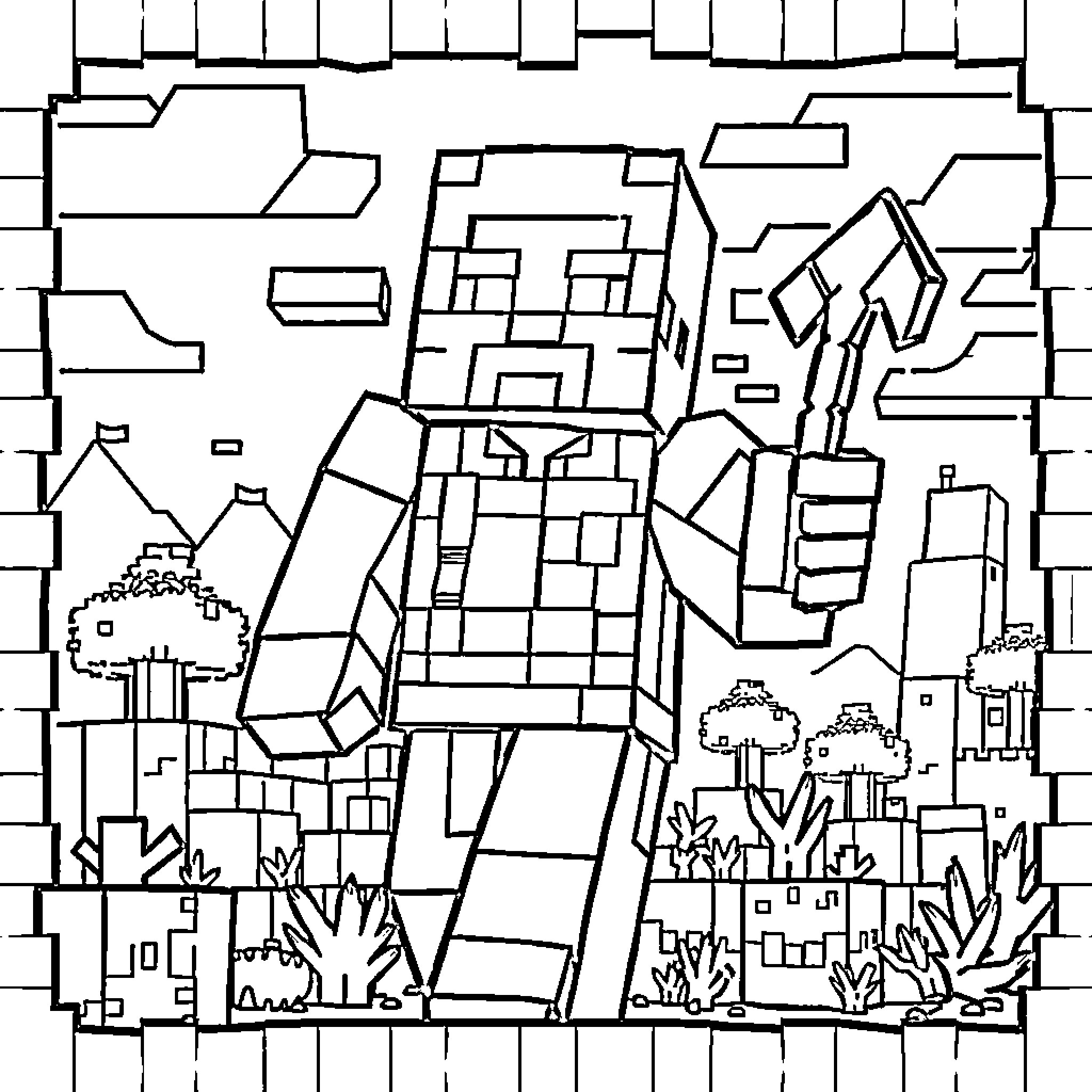 Minecraft character exploring a blocky landscape Coloring Page (free black-and-white line drawing printable PDF for all, from beginners to advanced learners, including children, teens, adults, and seniors)