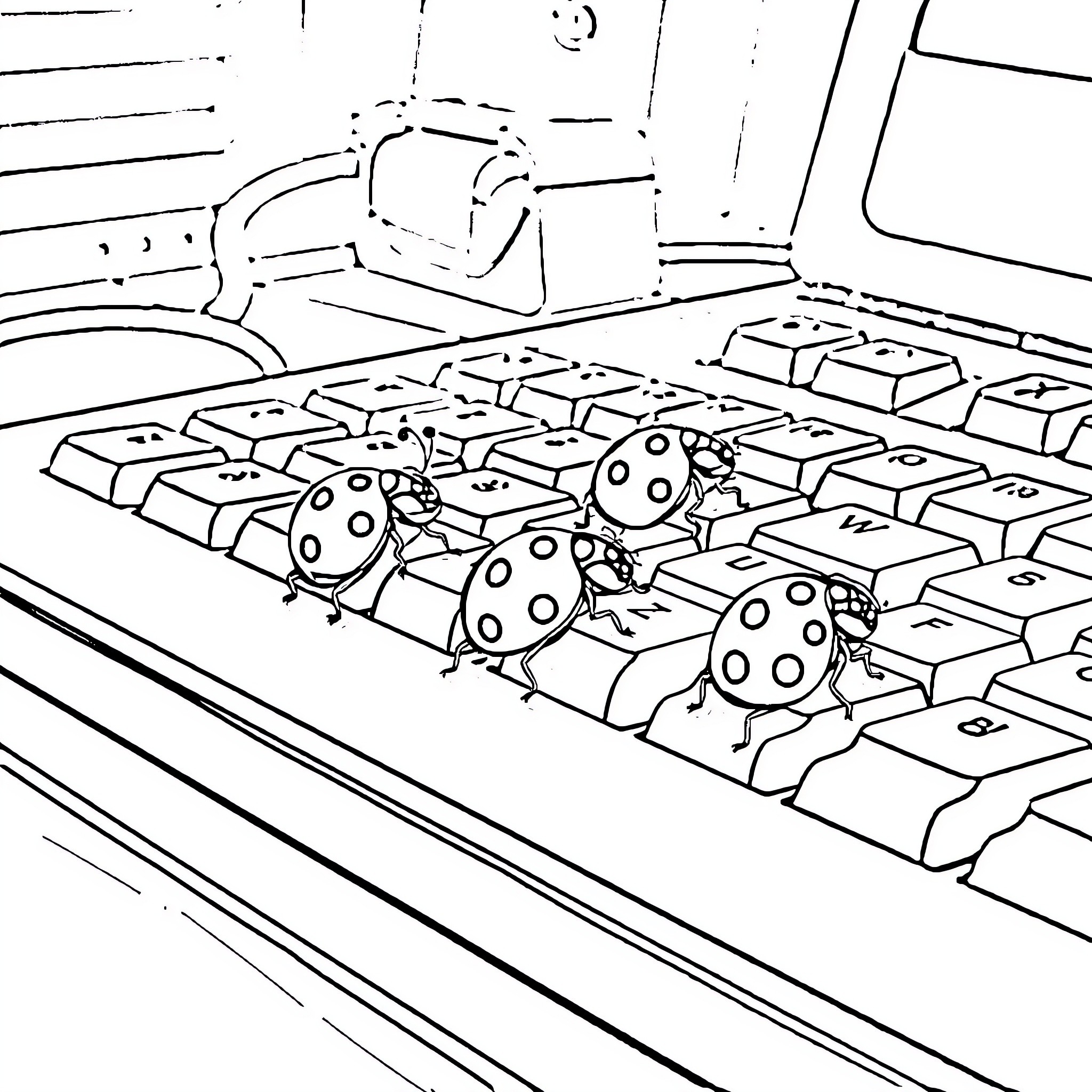 Ladybugs scurrying on a keyboard Coloring Page (free black-and-white line drawing printable PDF for all, from beginners to advanced learners, including children, teens, adults, and seniors)