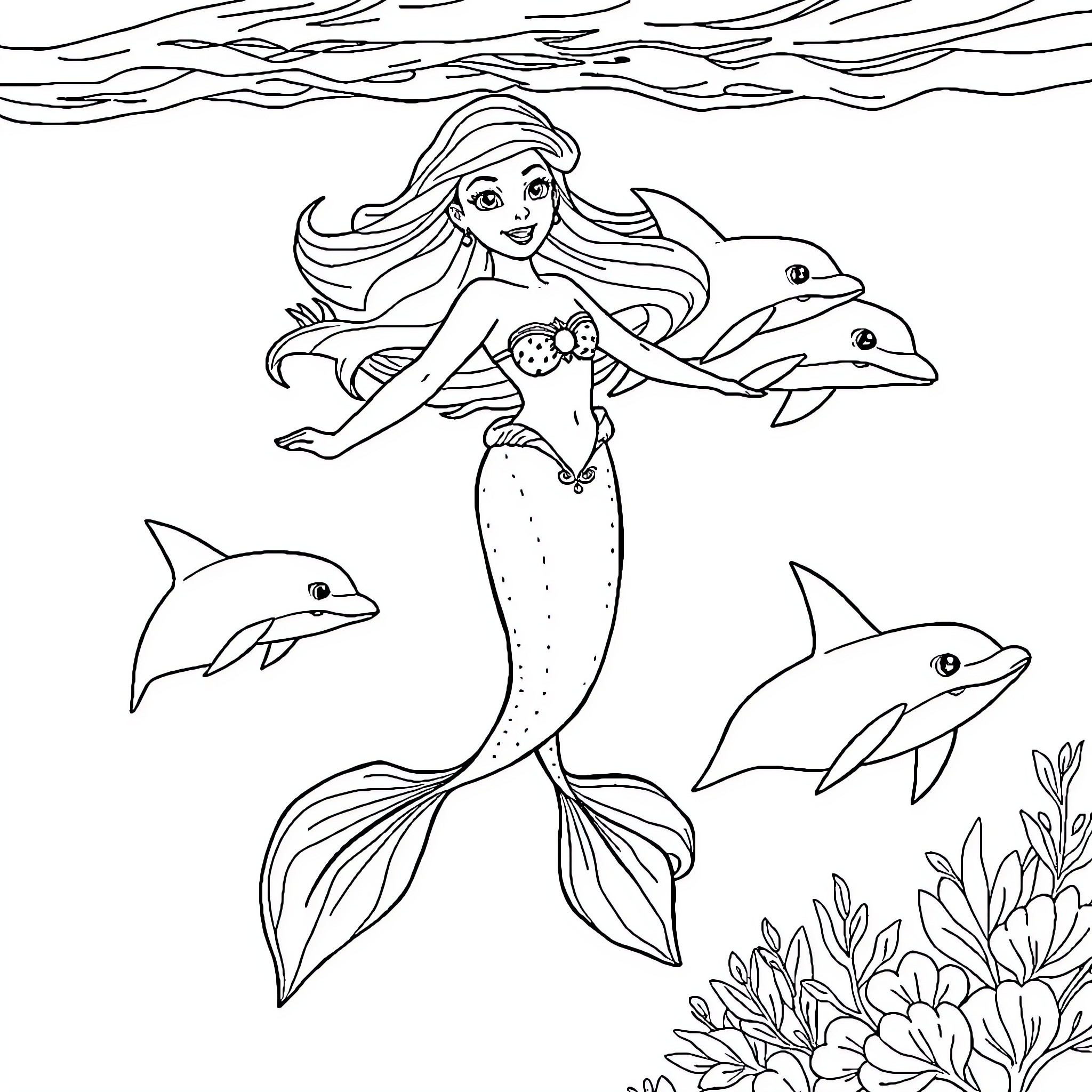 Ariel swimming with dolphins in the ocean Coloring Page (free black-and-white line drawing printable PDF for all, from beginners to advanced learners, including children, teens, adults, and seniors)