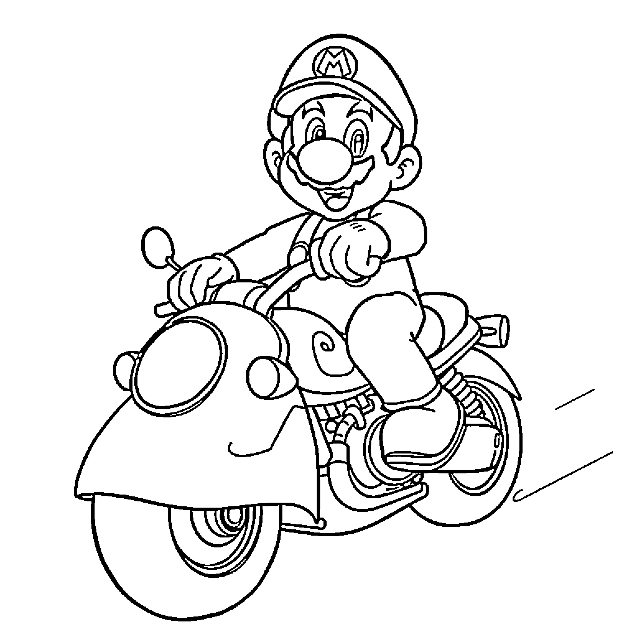 Super Mario riding scooter with big smile Coloring Page (free black-and-white line drawing printable PDF for all, from beginners to advanced learners, including children, teens, adults, and seniors)