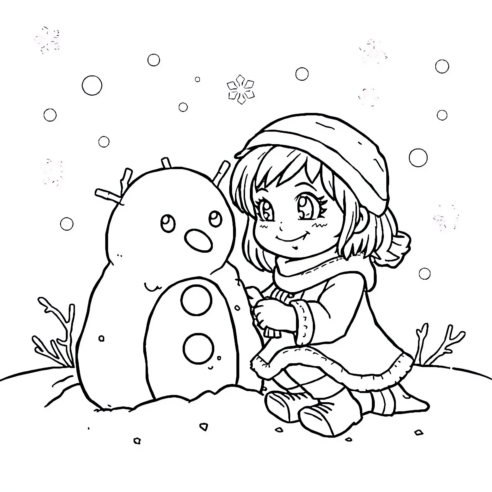 Muñeco de Nieve: Girl Building a Snowman with Snowflakes Coloring Page (free black-and-white line drawing printable PDF for all, from beginners to advanced learners, including children, teens, adults, and seniors)