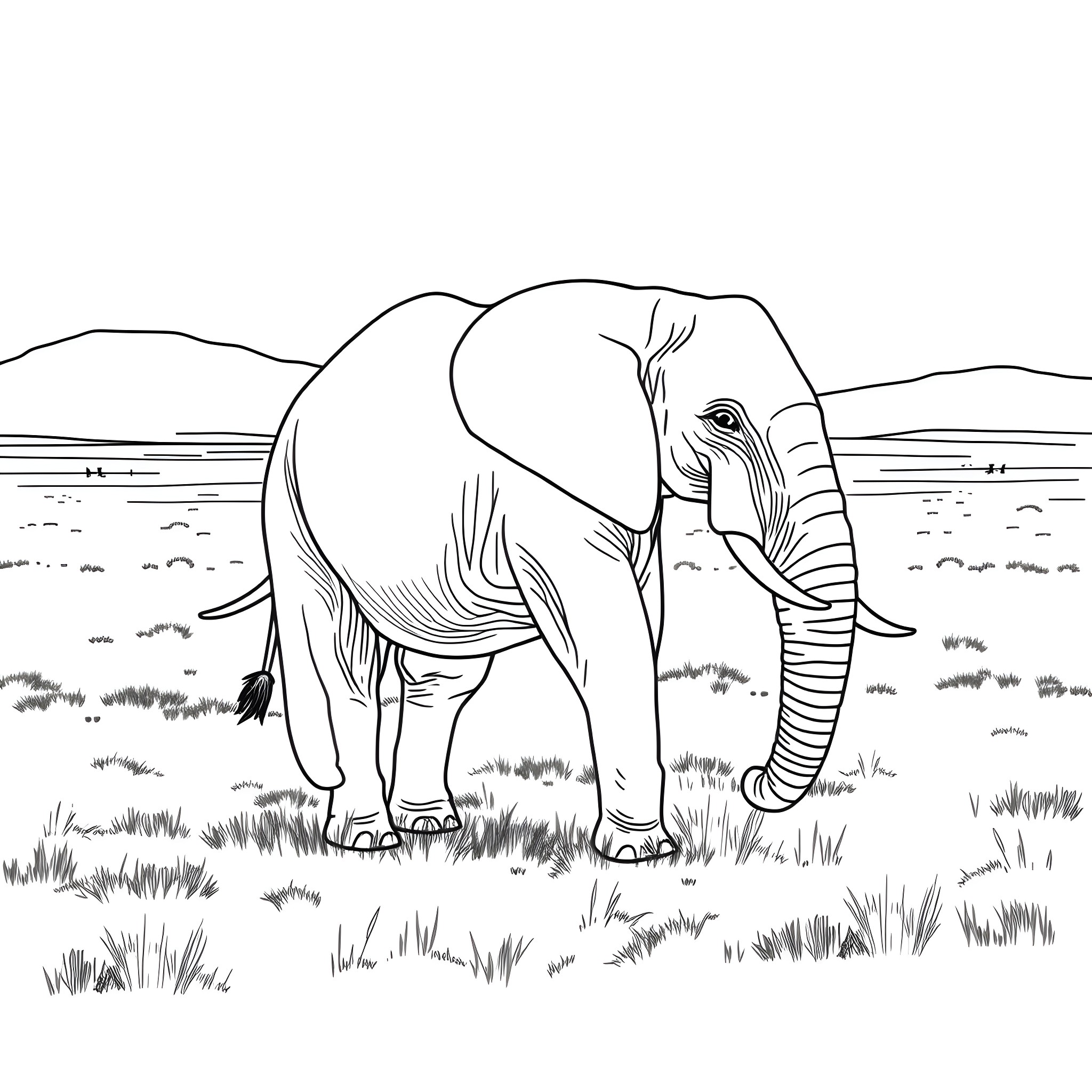 Elephant grazing peacefully in the wilderness Coloring Page (free black-and-white line drawing printable PDF for all, from beginners to advanced learners, including children, teens, adults, and seniors)