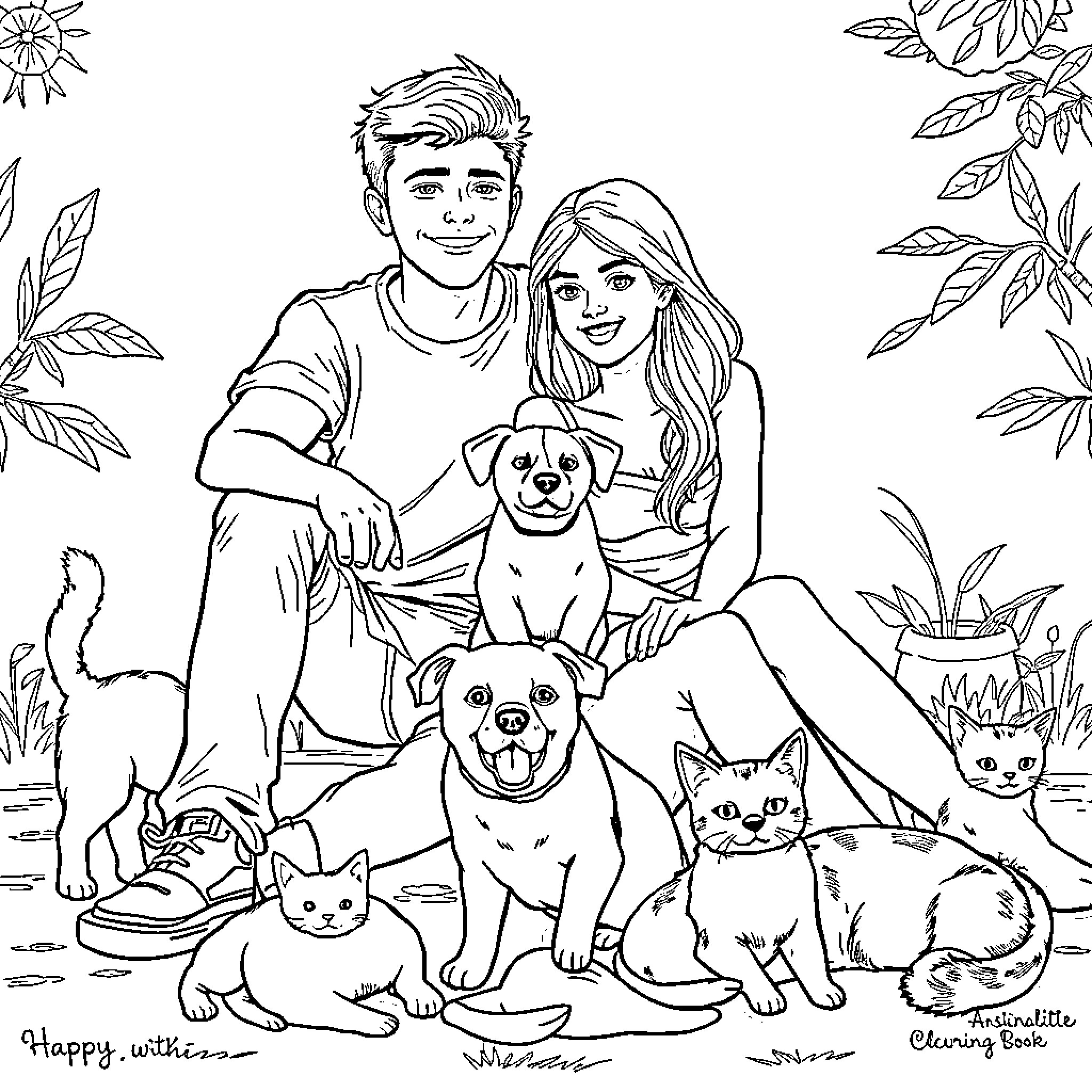 Dog and Pets Enjoying Nature with People Coloring Page (free black-and-white line drawing printable PDF for all, from beginners to advanced learners, including children, teens, adults, and seniors)