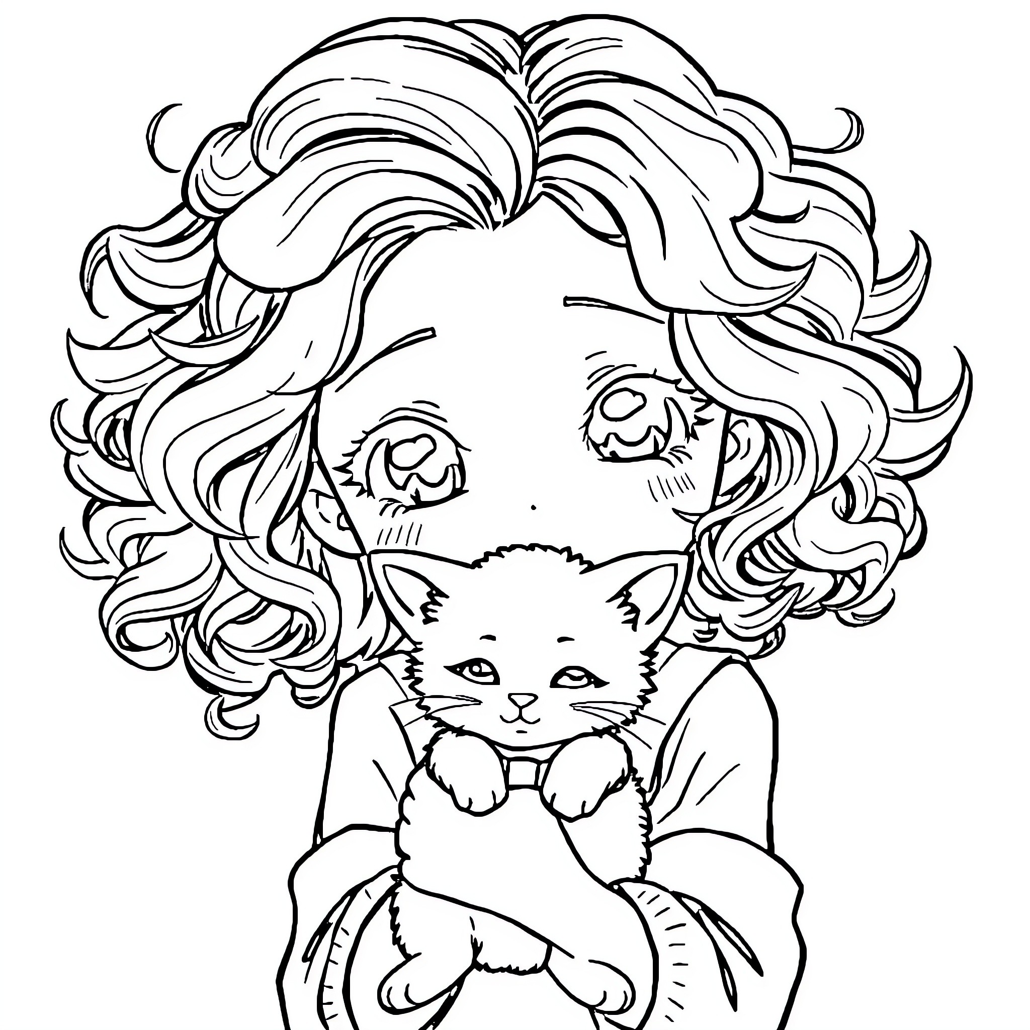 Anime Girl holding a cute kitten Coloring Page (free black-and-white line drawing printable PDF for all, from beginners to advanced learners, including children, teens, adults, and seniors)