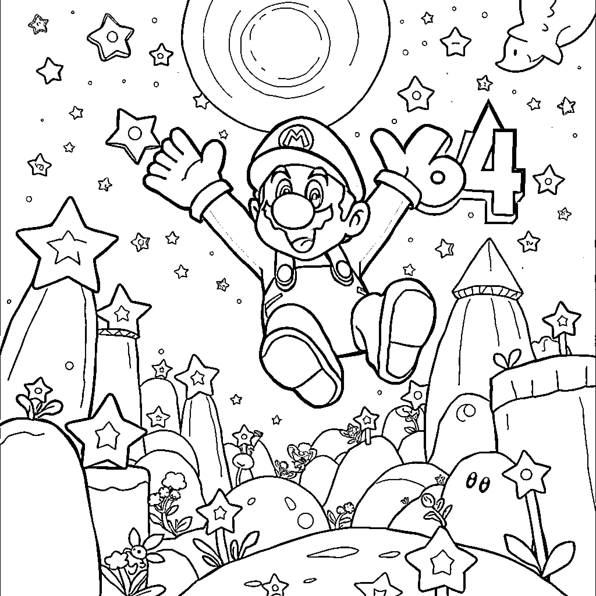 Mario's Joyful Adventure in the Starry Night Coloring Page (free black-and-white line drawing printable PDF for all, from beginners to advanced learners, including children, teens, adults, and seniors)