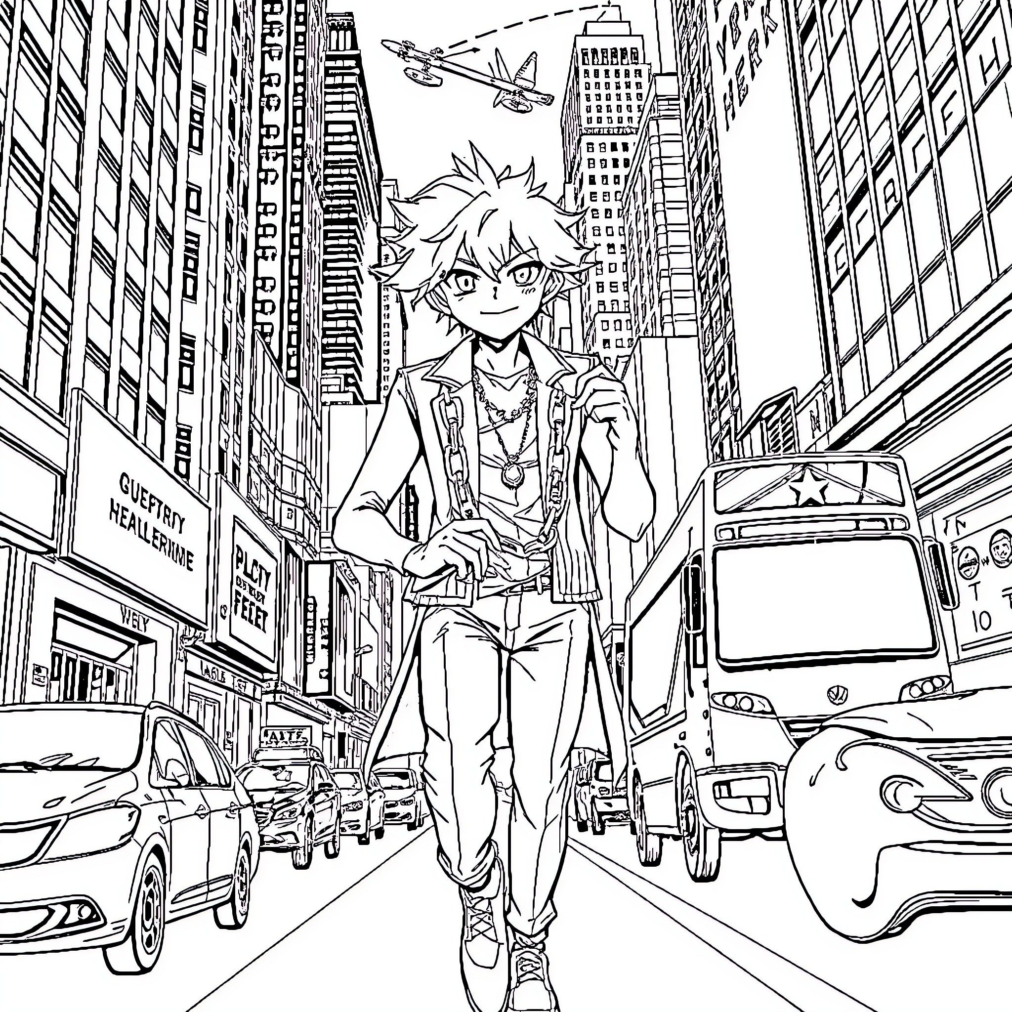 Kurapika's urban adventure in the bustling city Coloring Page (free black-and-white line drawing printable PDF for all, from beginners to advanced learners, including children, teens, adults, and seniors)