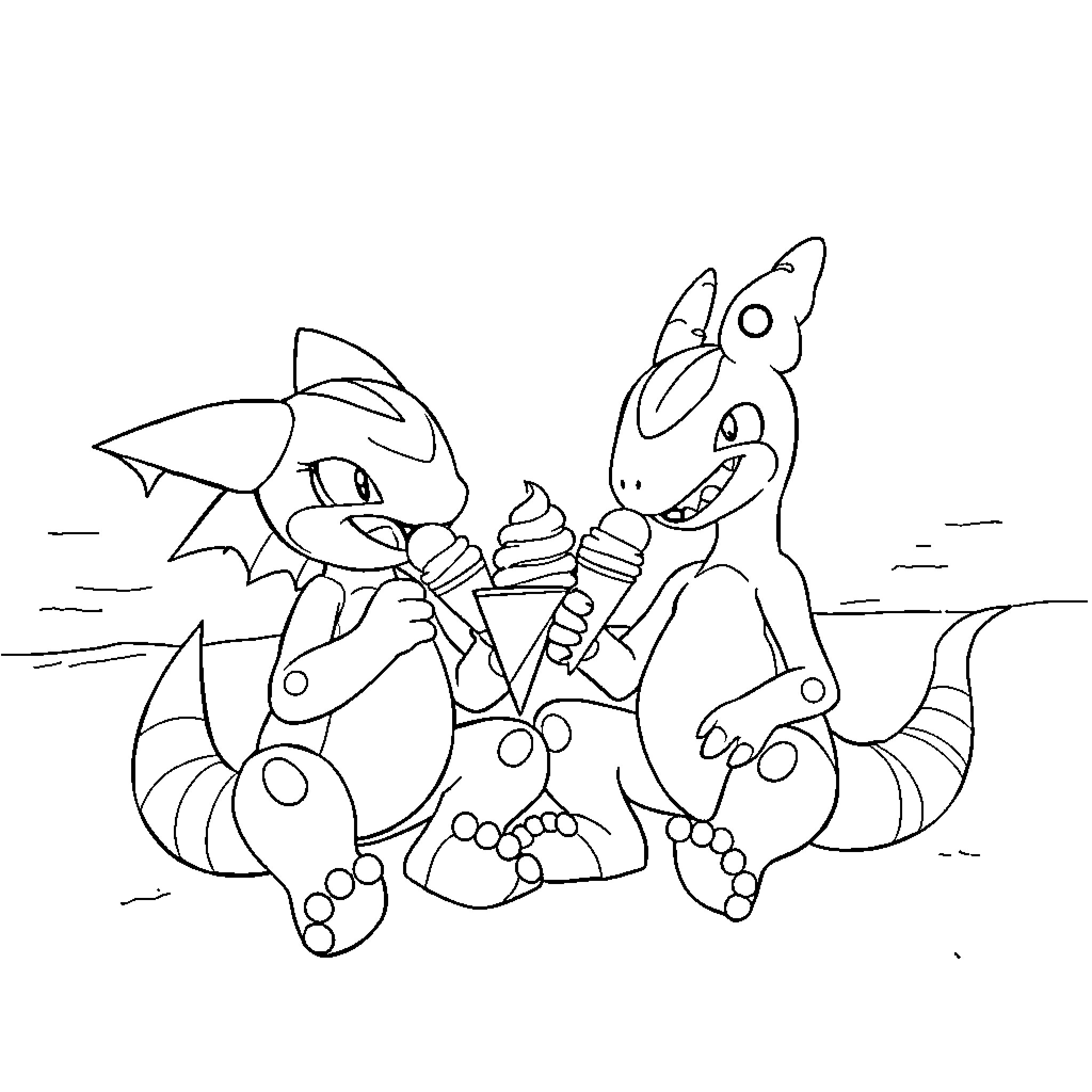 Agumon and friends enjoying ice cream in the park Coloring Page (free black-and-white line drawing printable PDF for all, from beginners to advanced learners, including children, teens, adults, and seniors)