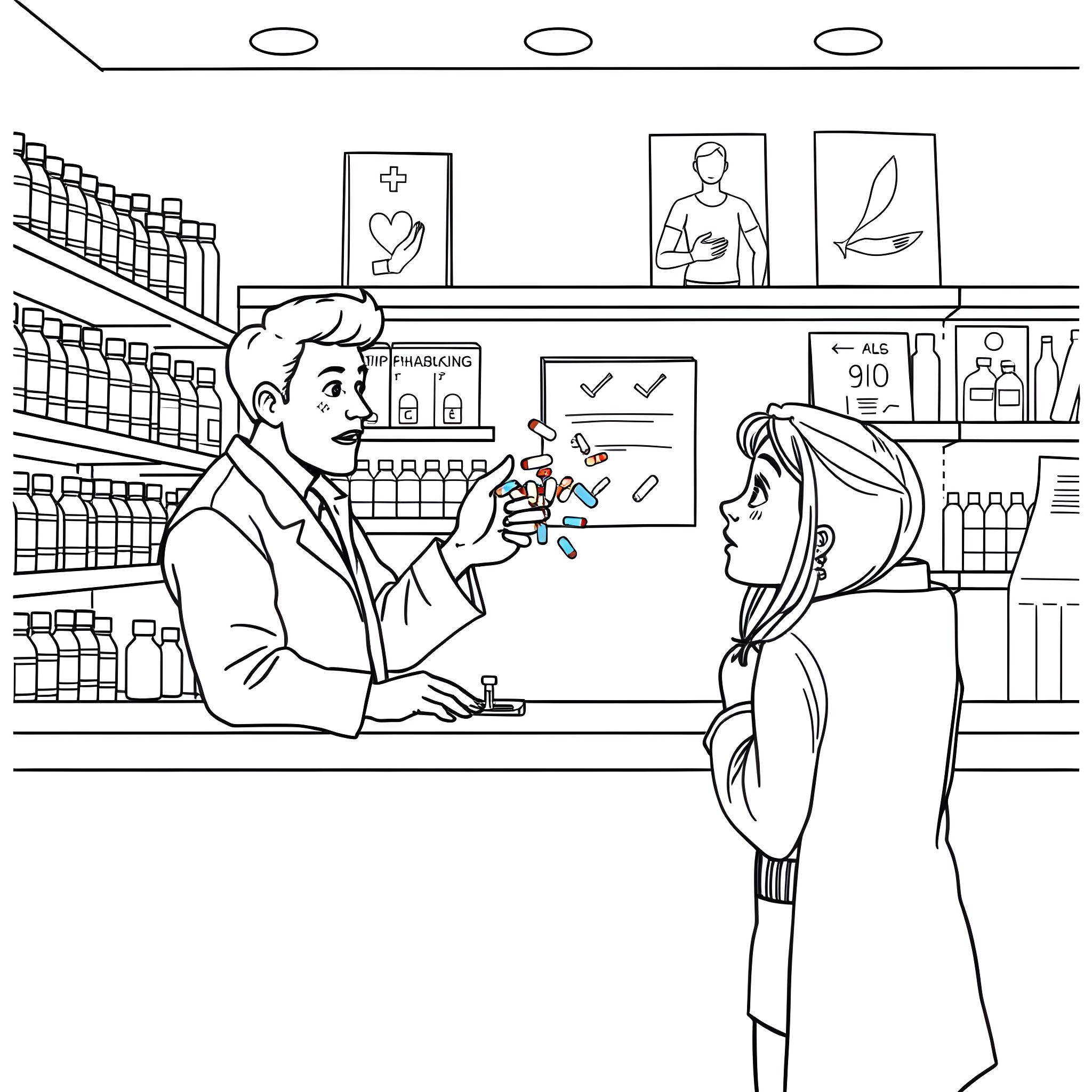 Pharmacist assisting a customer in the pharmacy Coloring Page (free black-and-white line drawing printable PDF for all, from beginners to advanced learners, including children, teens, adults, and seniors)
