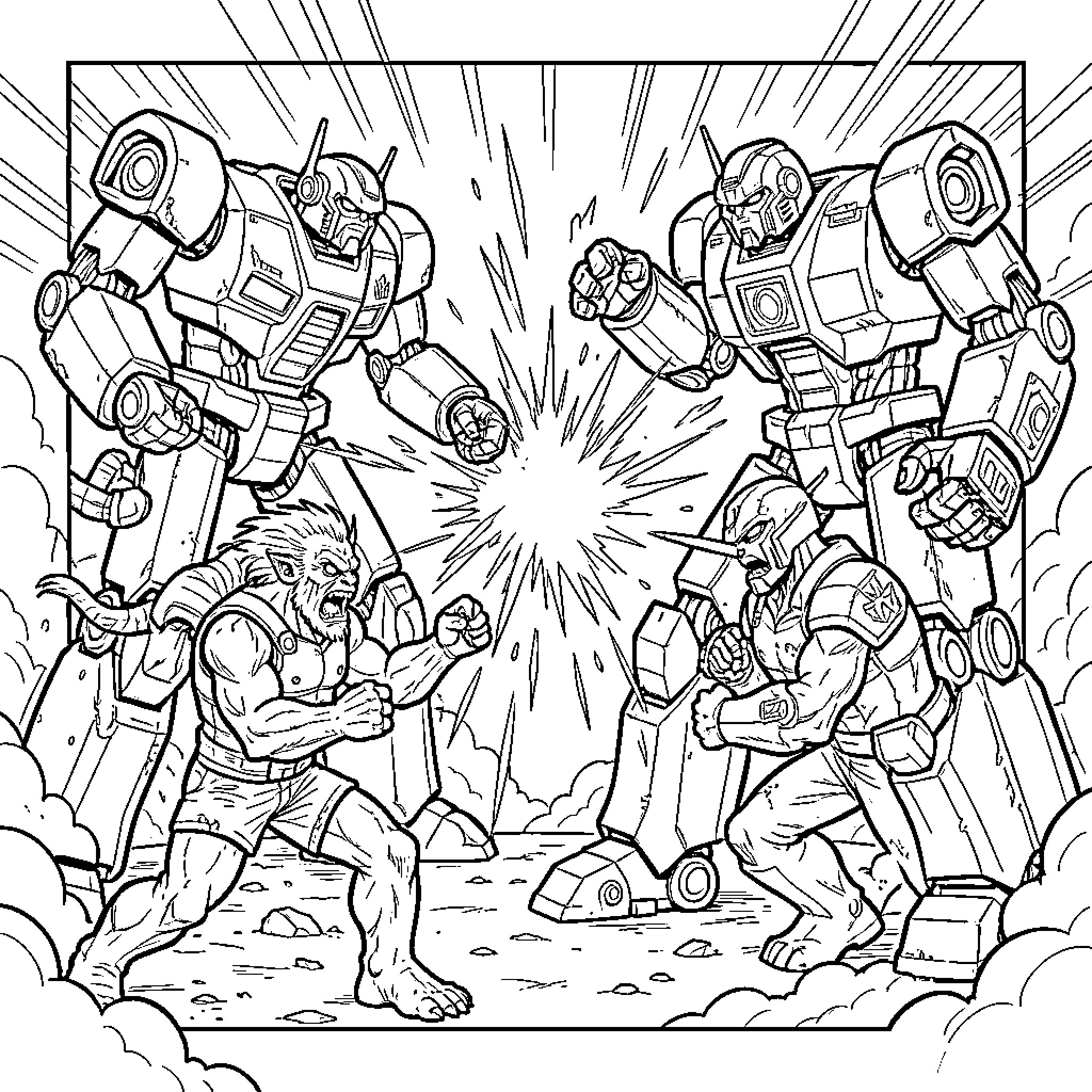 Monster robots and creatures engaging in an intense battle Coloring Page (free black-and-white line drawing printable PDF for all, from beginners to advanced learners, including children, teens, adults, and seniors)