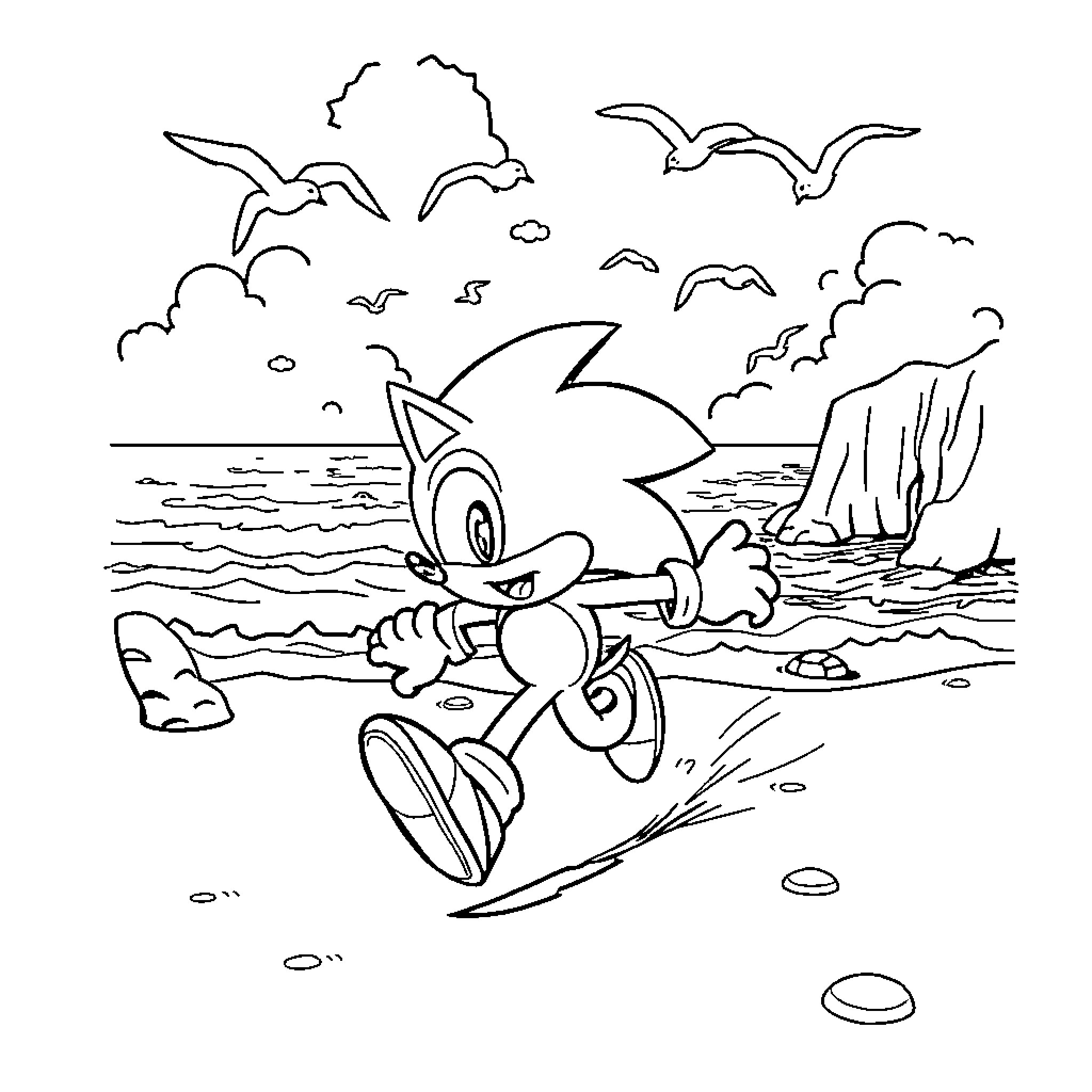 Sonic exploring the ocean scenery Coloring Page (free black-and-white line drawing printable PDF for all, from beginners to advanced learners, including children, teens, adults, and seniors)