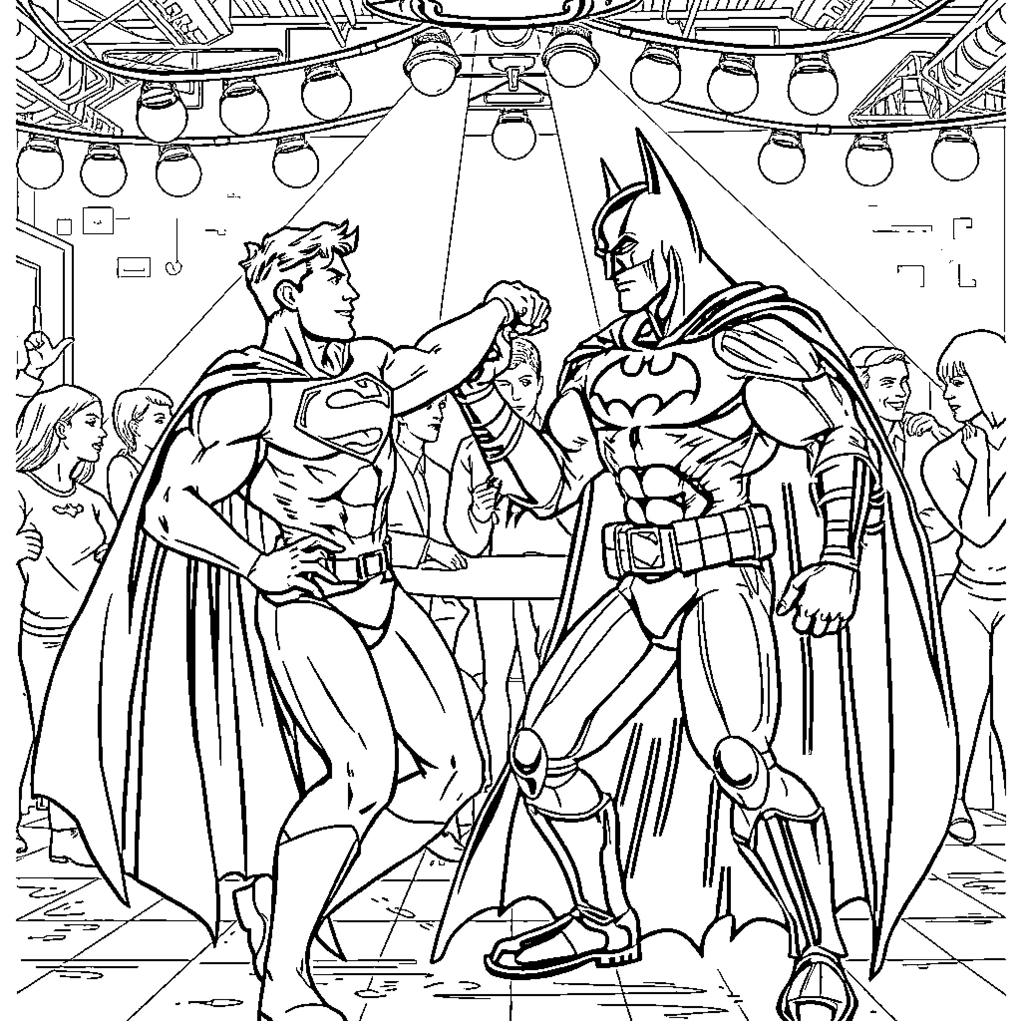 Superman and Batman facing off on stage Coloring Page (free black-and-white line drawing printable PDF for all, from beginners to advanced learners, including children, teens, adults, and seniors)