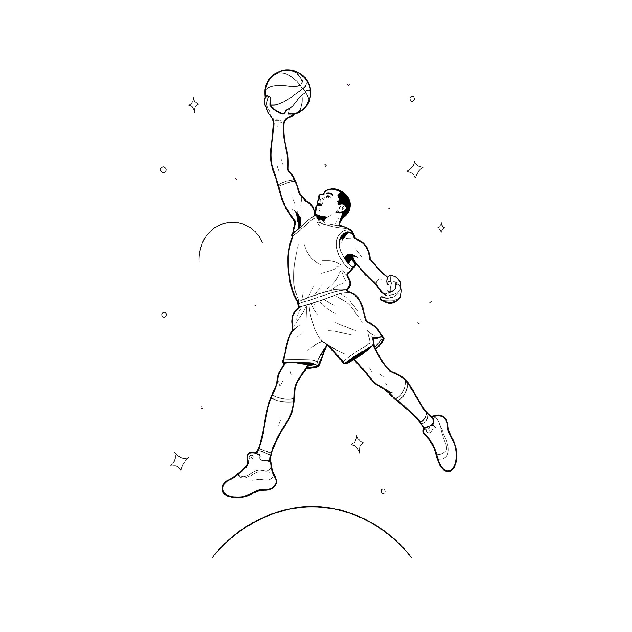 Kobe Bryant leaping to dunk the basketball Coloring Page (free black-and-white line drawing printable PDF for all, from beginners to advanced learners, including children, teens, adults, and seniors)