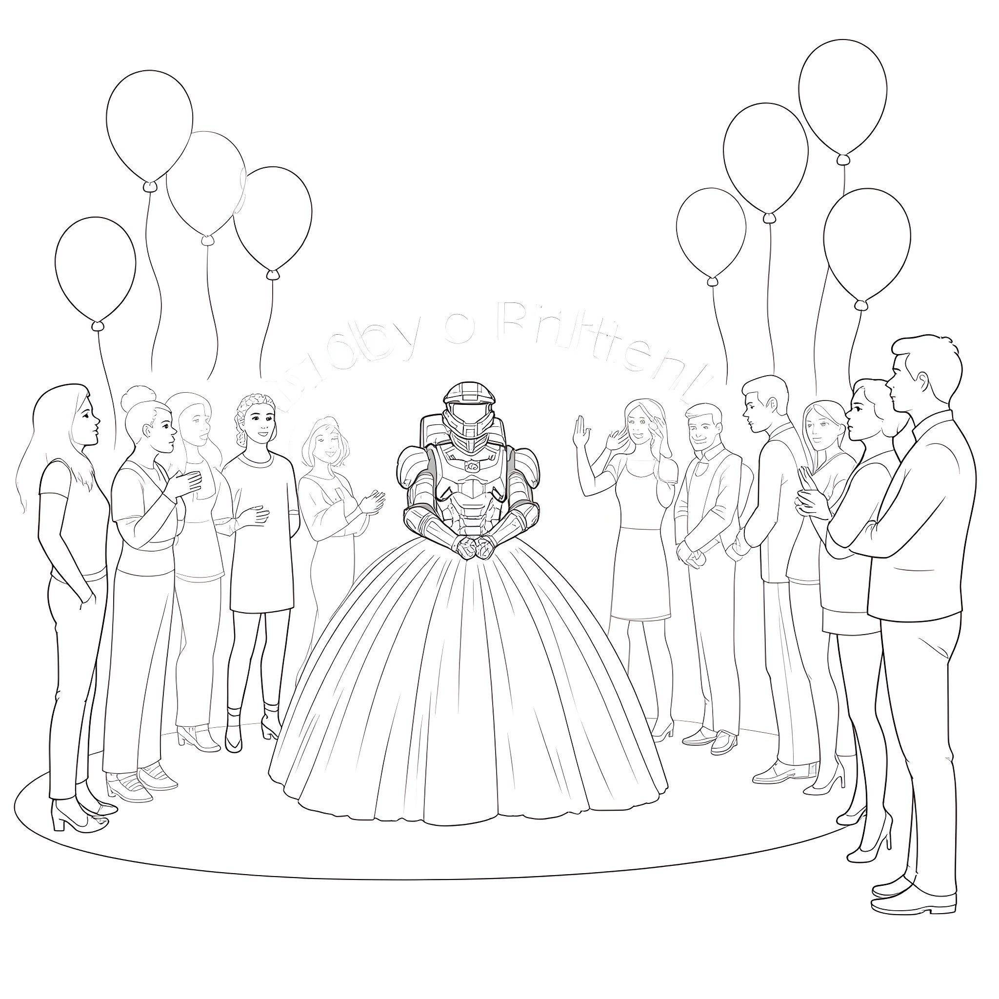 Master Chief in a grand ballroom celebration Coloring Page (free black-and-white line drawing printable PDF for all, from beginners to advanced learners, including children, teens, adults, and seniors)