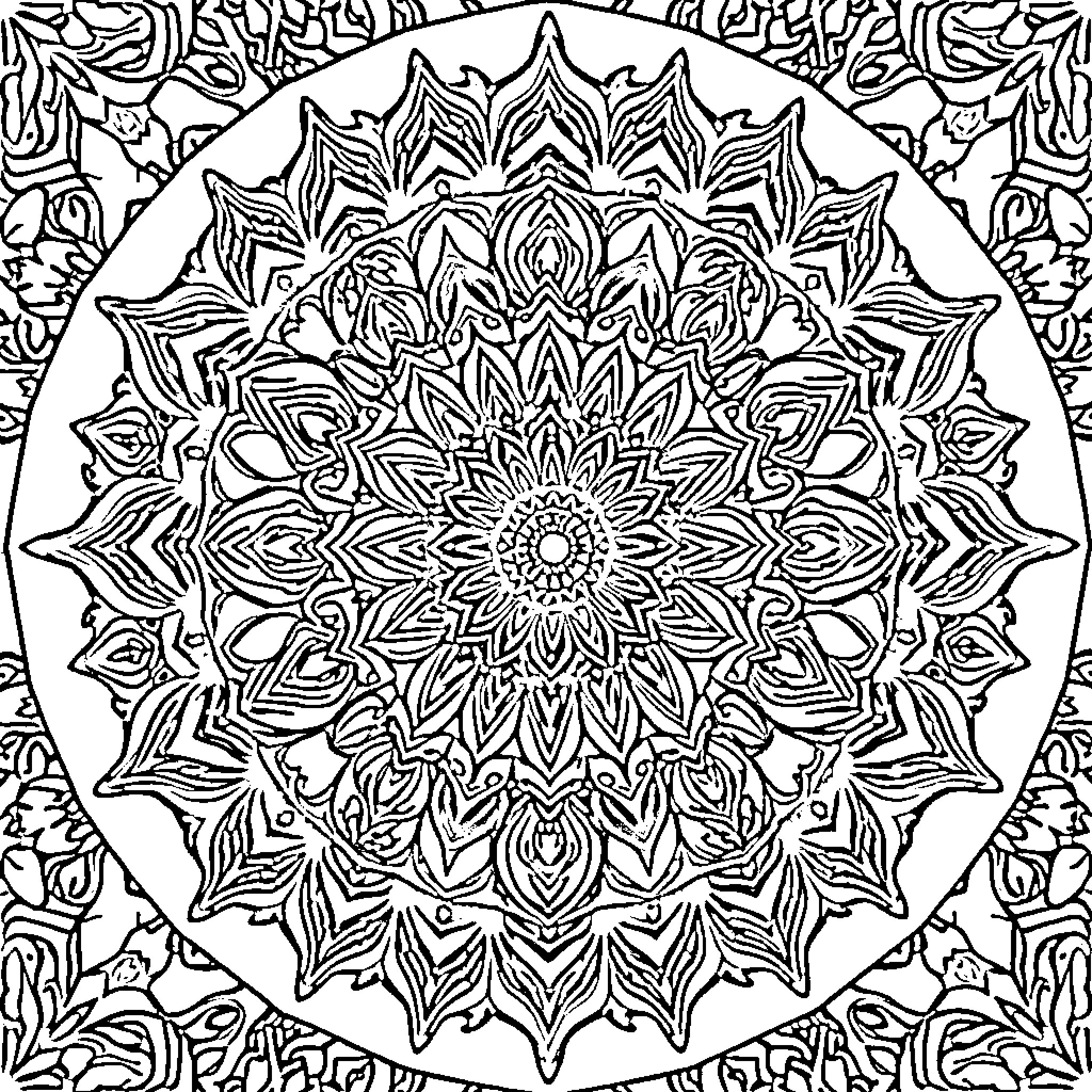 Mandala with intricate floral patterns and symmetry Coloring Page (free black-and-white line drawing printable PDF for all, from beginners to advanced learners, including children, teens, adults, and seniors)