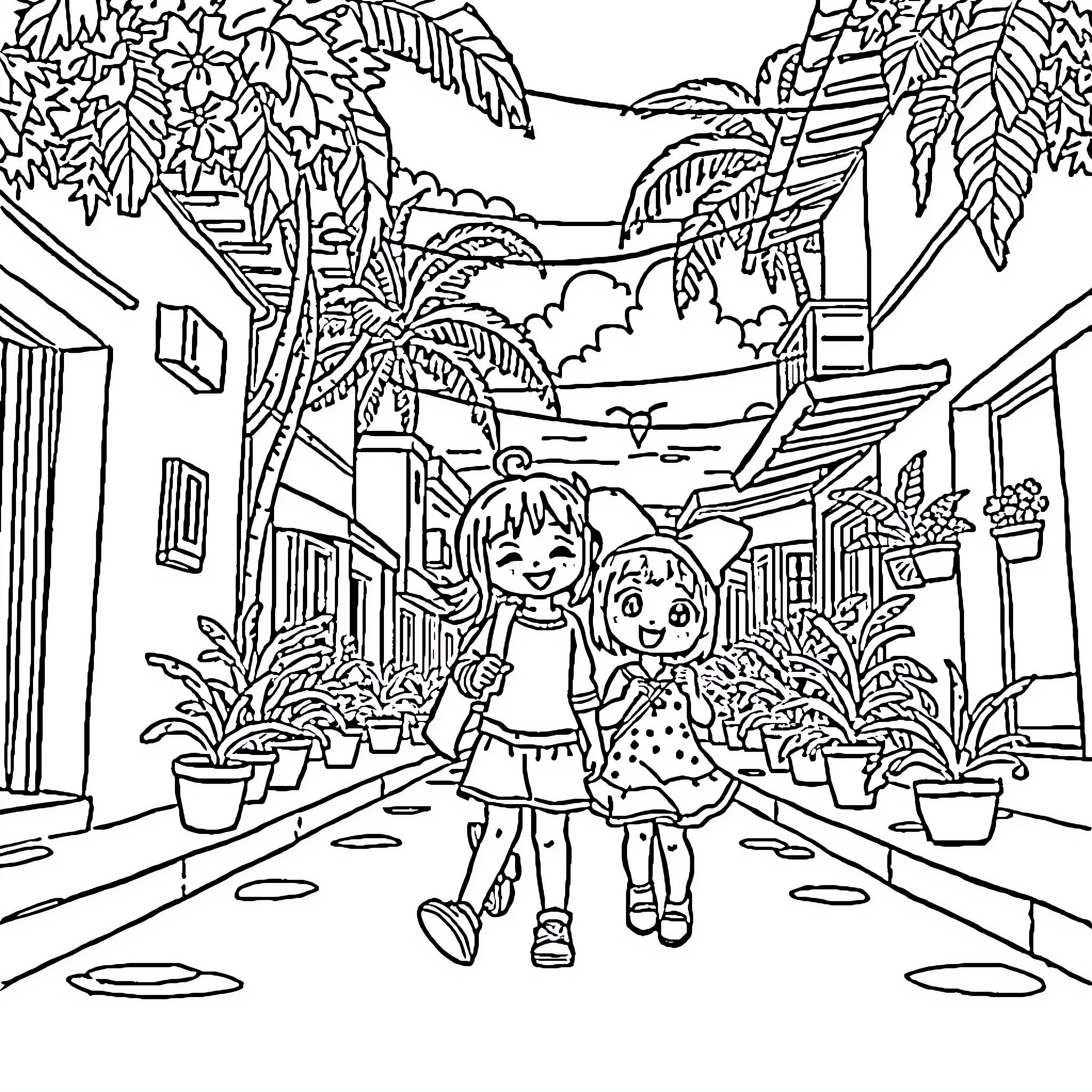Kuromi and Friend Explore Tropical Village Coloring Page (free black-and-white line drawing printable PDF for all, from beginners to advanced learners, including children, teens, adults, and seniors)
