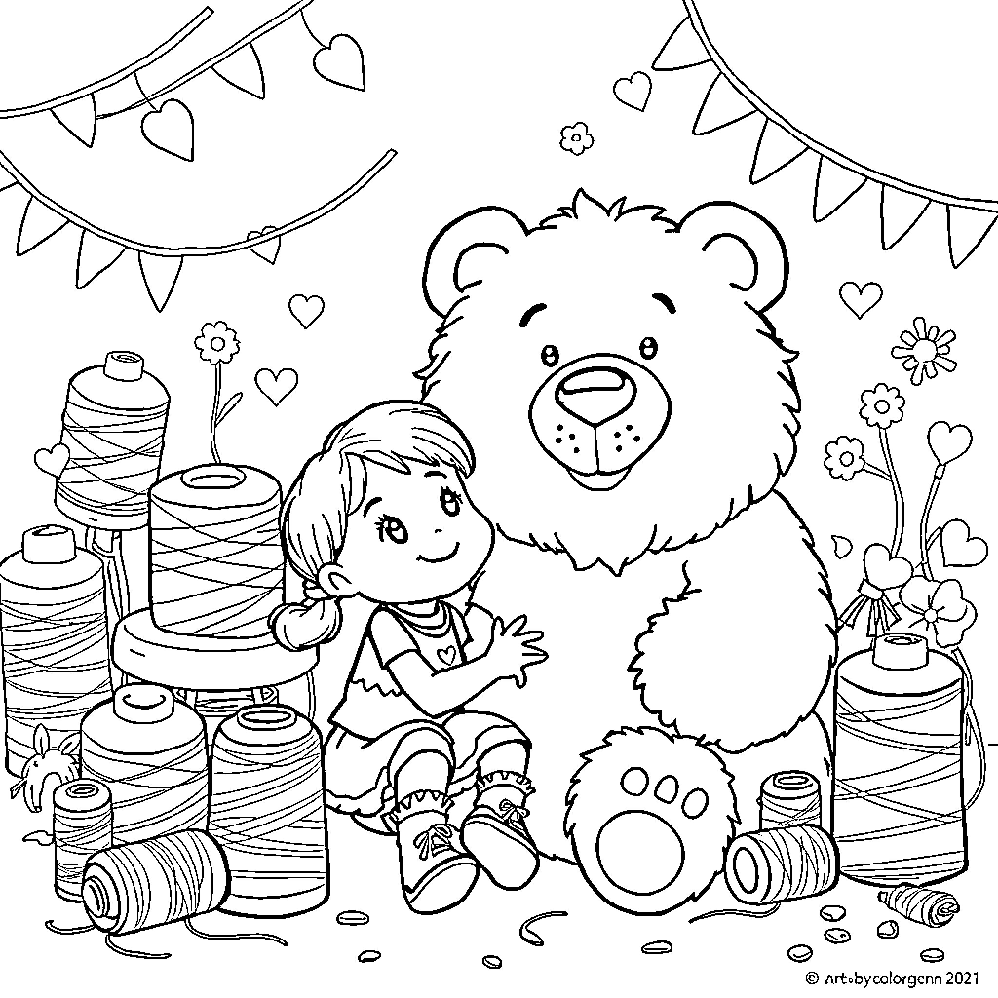 Marsha sewing with a friendly bear in a craft room Coloring Page (free black-and-white line drawing printable PDF for all, from beginners to advanced learners, including children, teens, adults, and seniors)