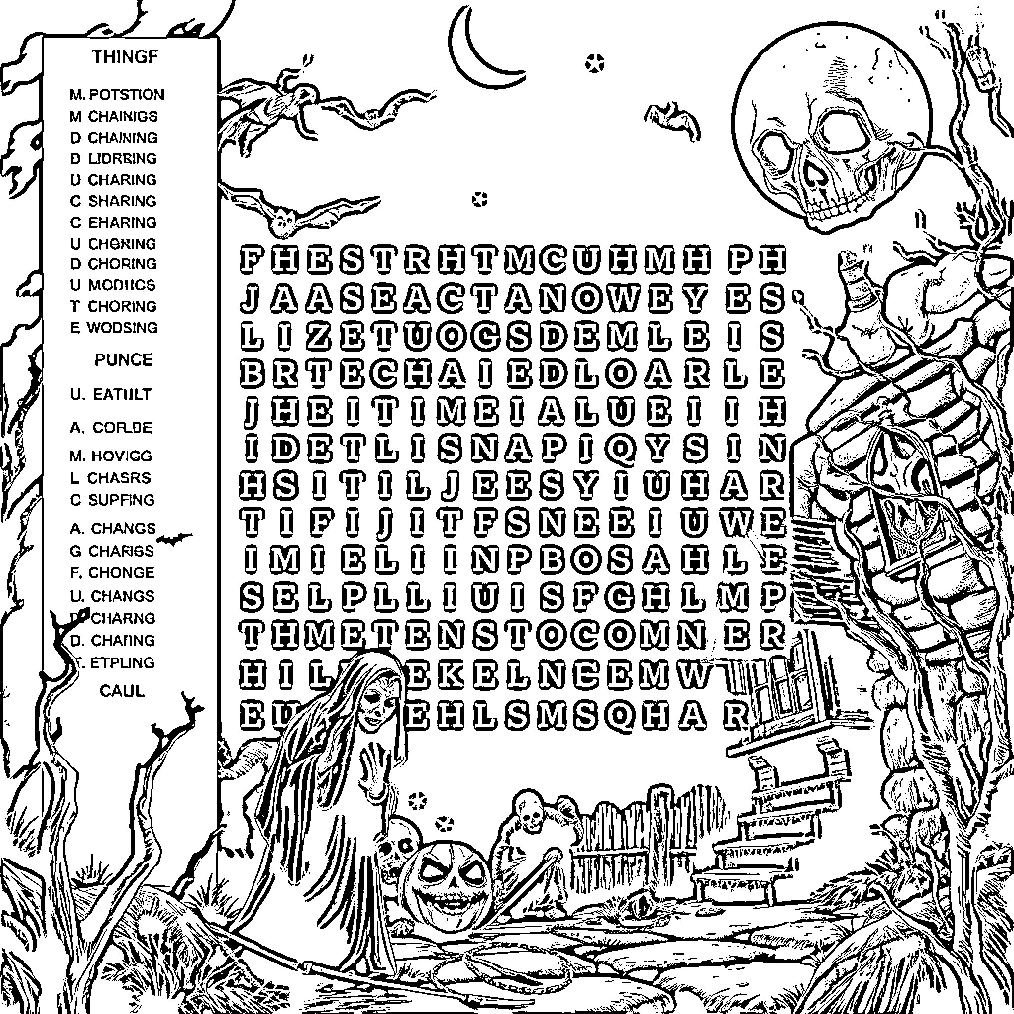 Horror Movie: Haunting Nightscape with Ominous Symbols Coloring Page (free black-and-white line drawing printable PDF for all, from beginners to advanced learners, including children, teens, adults, and seniors)