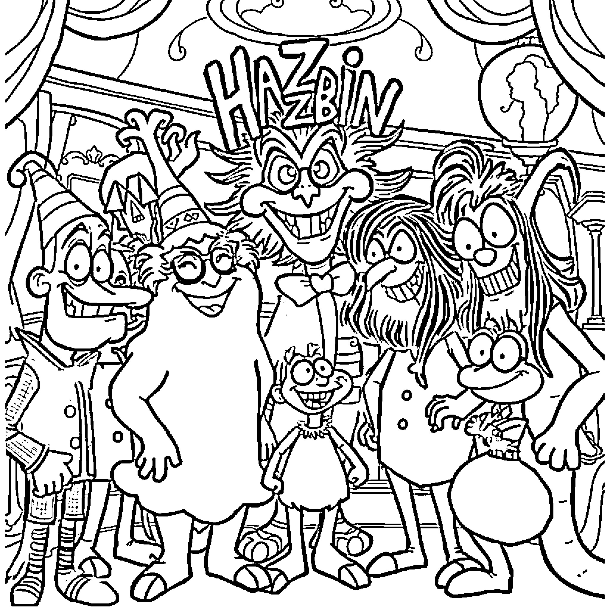 Hazbin Hotel characters in an animated scene Coloring Page (free black-and-white line drawing printable PDF for all, from beginners to advanced learners, including children, teens, adults, and seniors)