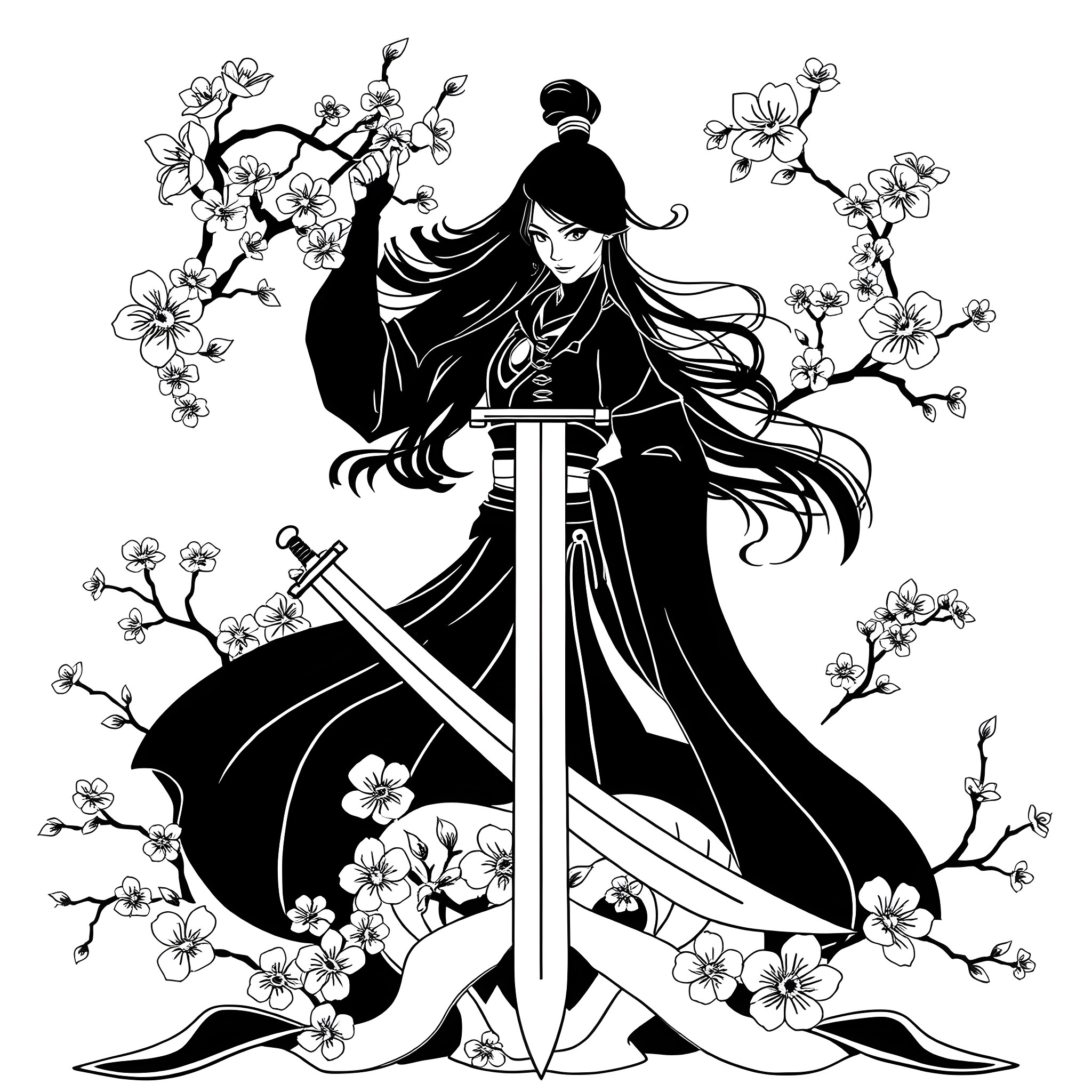 Mulan wielding sword amidst blossoming flowers Coloring Page (free black-and-white line drawing printable PDF for all, from beginners to advanced learners, including children, teens, adults, and seniors)