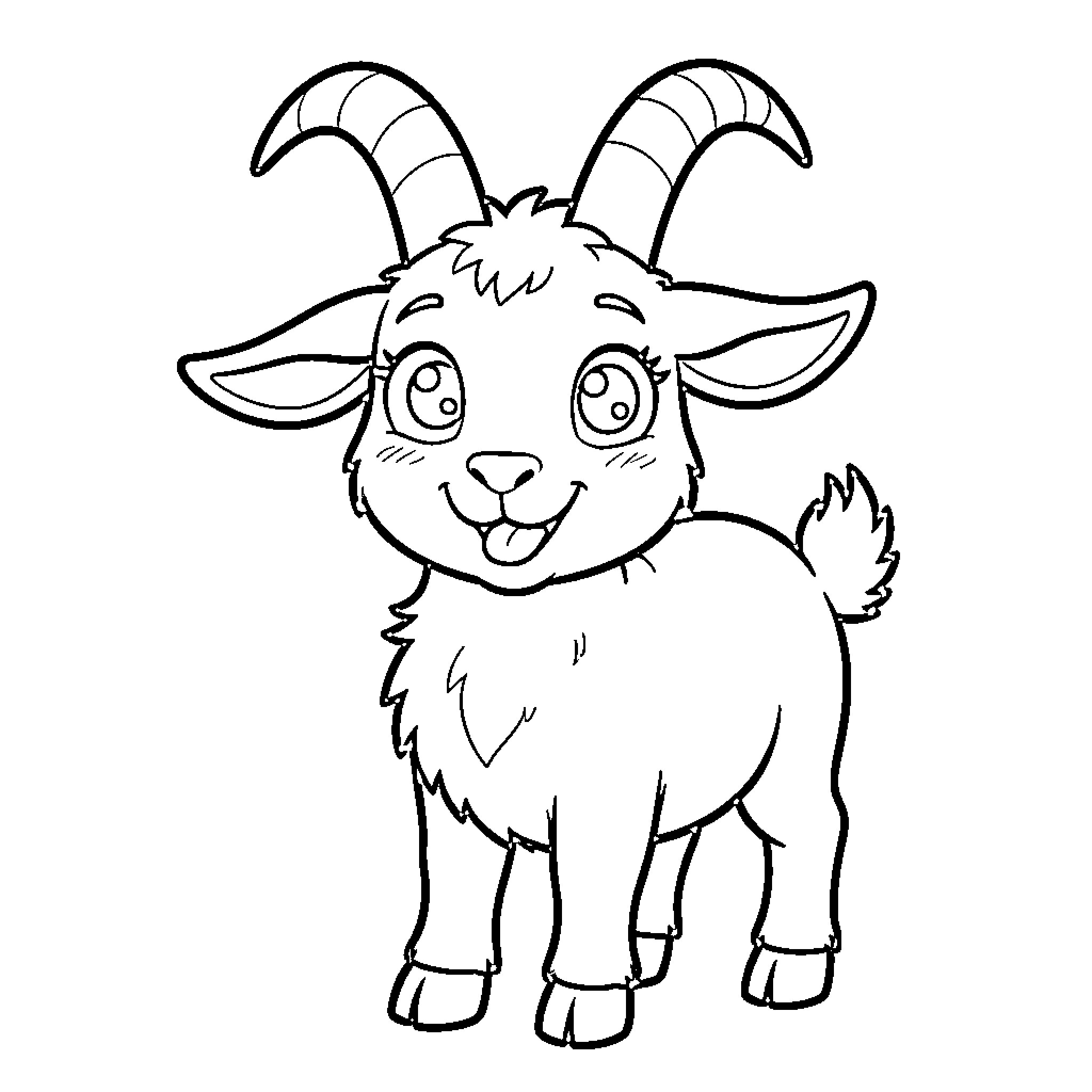 Goat with expressive eyes and horns Coloring Page (free black-and-white line drawing printable PDF for all, from beginners to advanced learners, including children, teens, adults, and seniors)