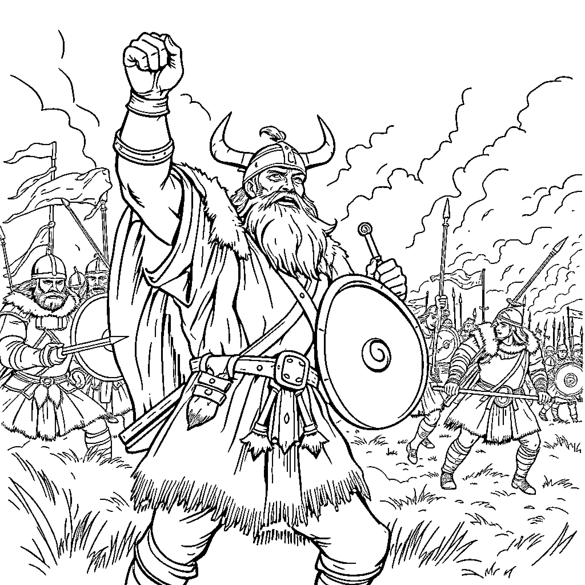 Viking Warrior Rallying Troops in Battle Coloring Page (free black-and-white line drawing printable PDF for all, from beginners to advanced learners, including children, teens, adults, and seniors)