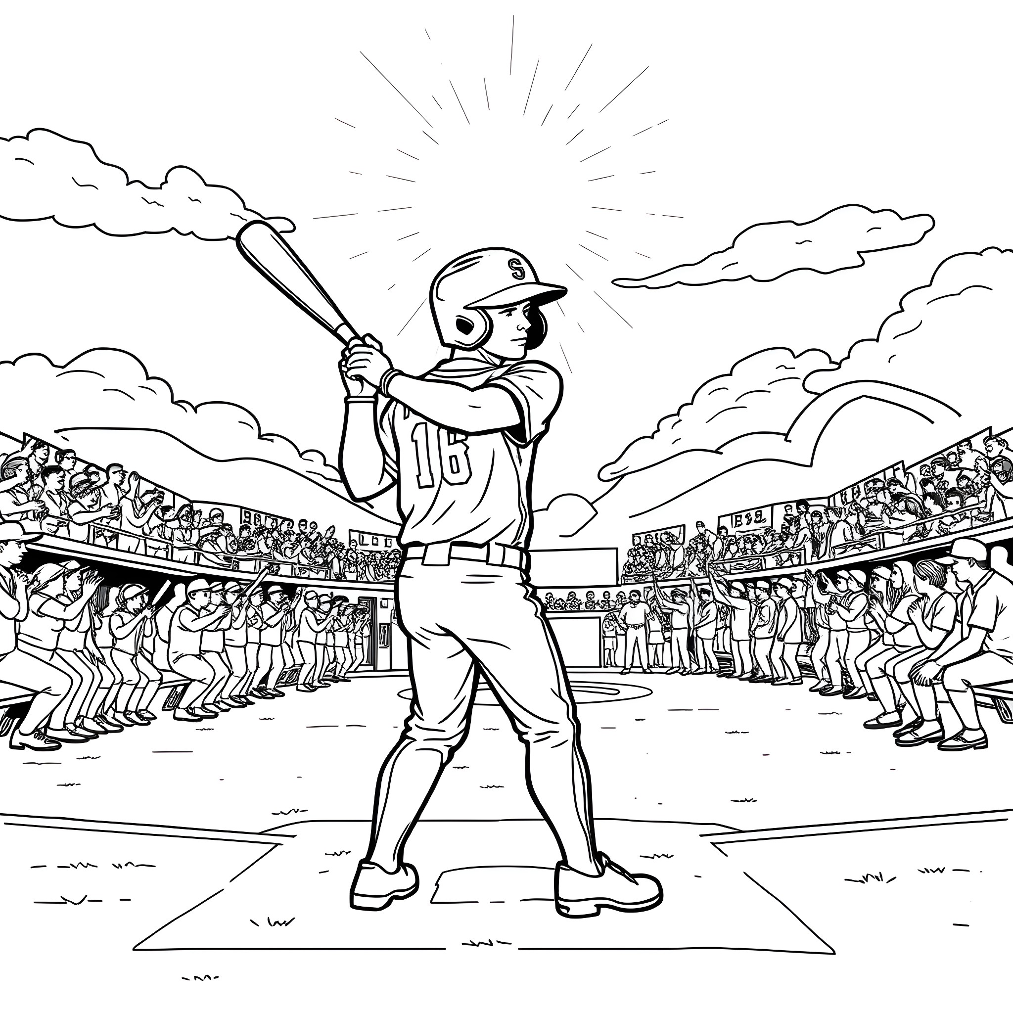 Chapulin hitting a home run at the baseball stadium Coloring Page (free black-and-white line drawing printable PDF for all, from beginners to advanced learners, including children, teens, adults, and seniors)