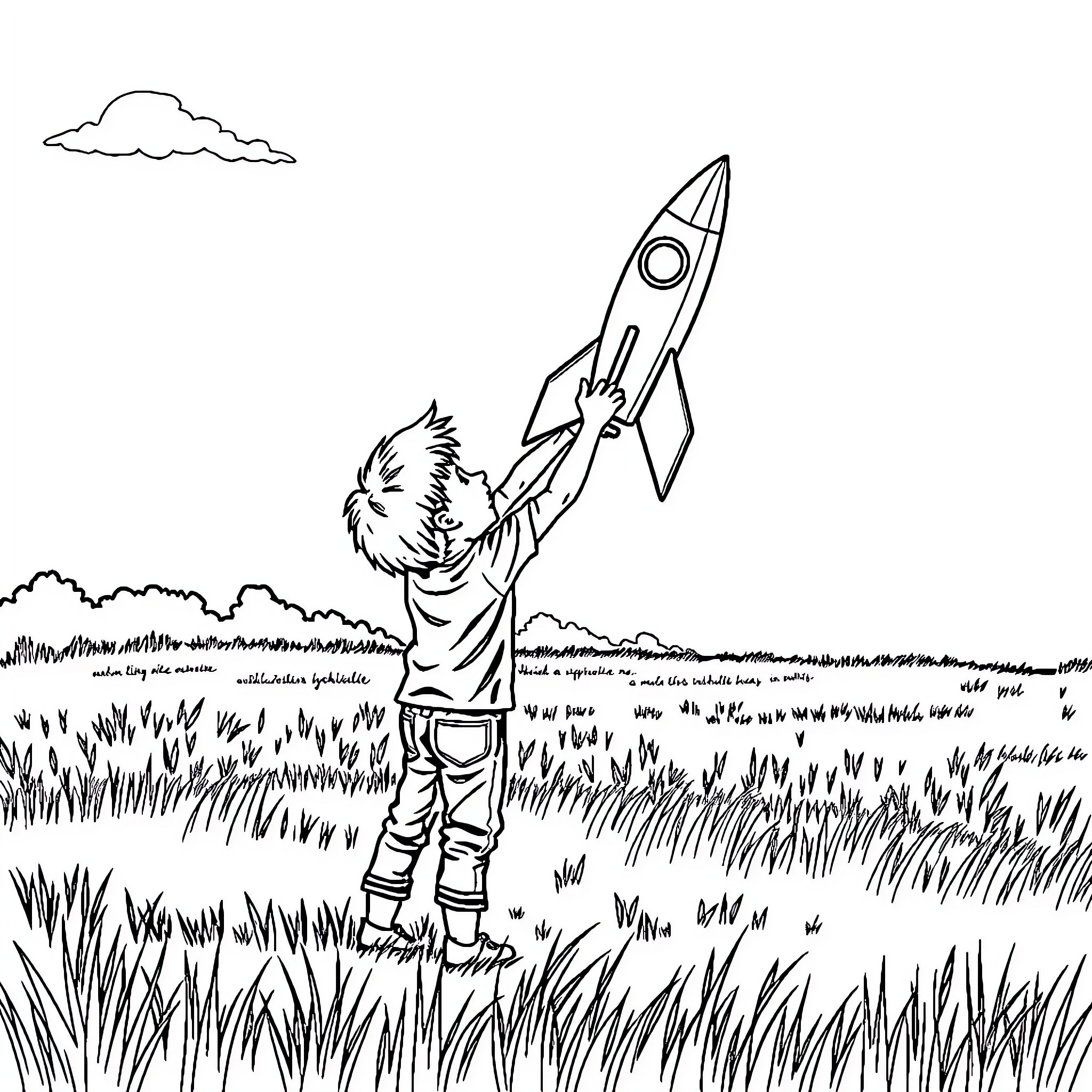 Boy launching rocket in grassy field Coloring Page (free black-and-white line drawing printable PDF for all, from beginners to advanced learners, including children, teens, adults, and seniors)