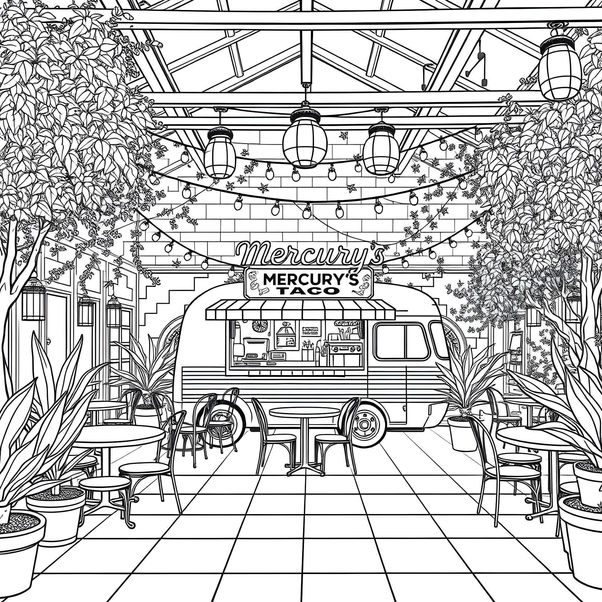 Taco Truck serving under festive string lights and foliage Coloring Page (free black-and-white line drawing printable PDF for all, from beginners to advanced learners, including children, teens, adults, and seniors)