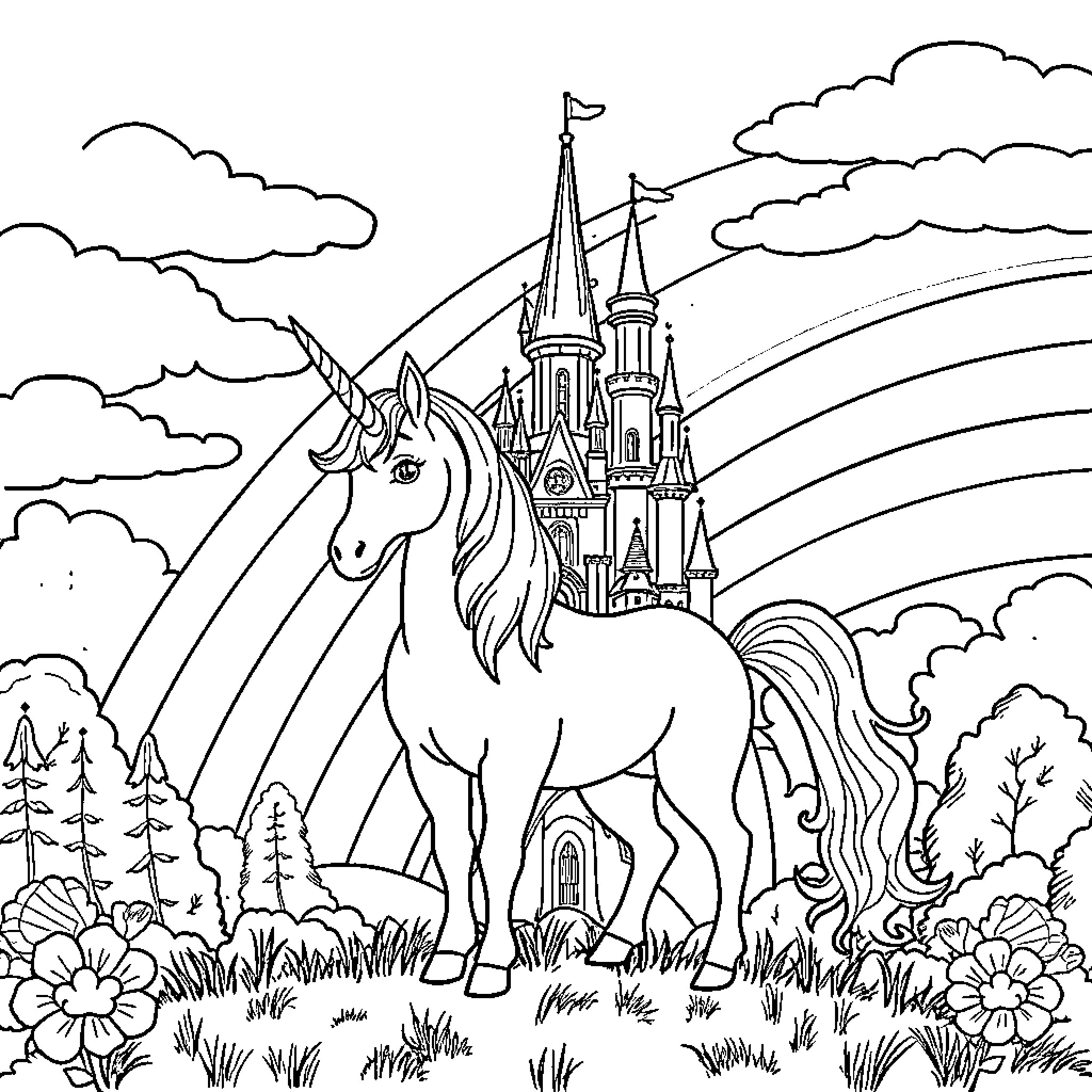 Unicorn standing majestic in a fantasy landscape Coloring Page (free black-and-white line drawing printable PDF for all, from beginners to advanced learners, including children, teens, adults, and seniors)