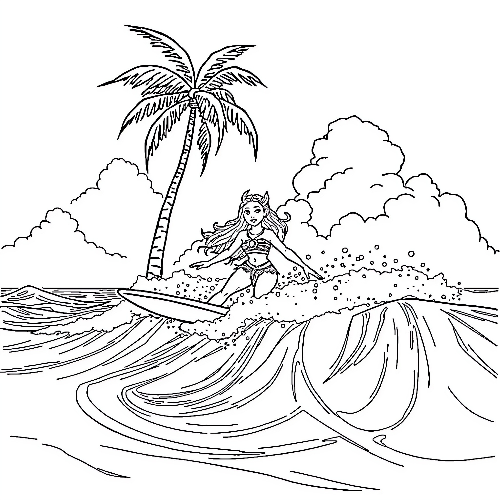Moana riding the waves in a tropical paradise Coloring Page (free black-and-white line drawing printable PDF for all, from beginners to advanced learners, including children, teens, adults, and seniors)